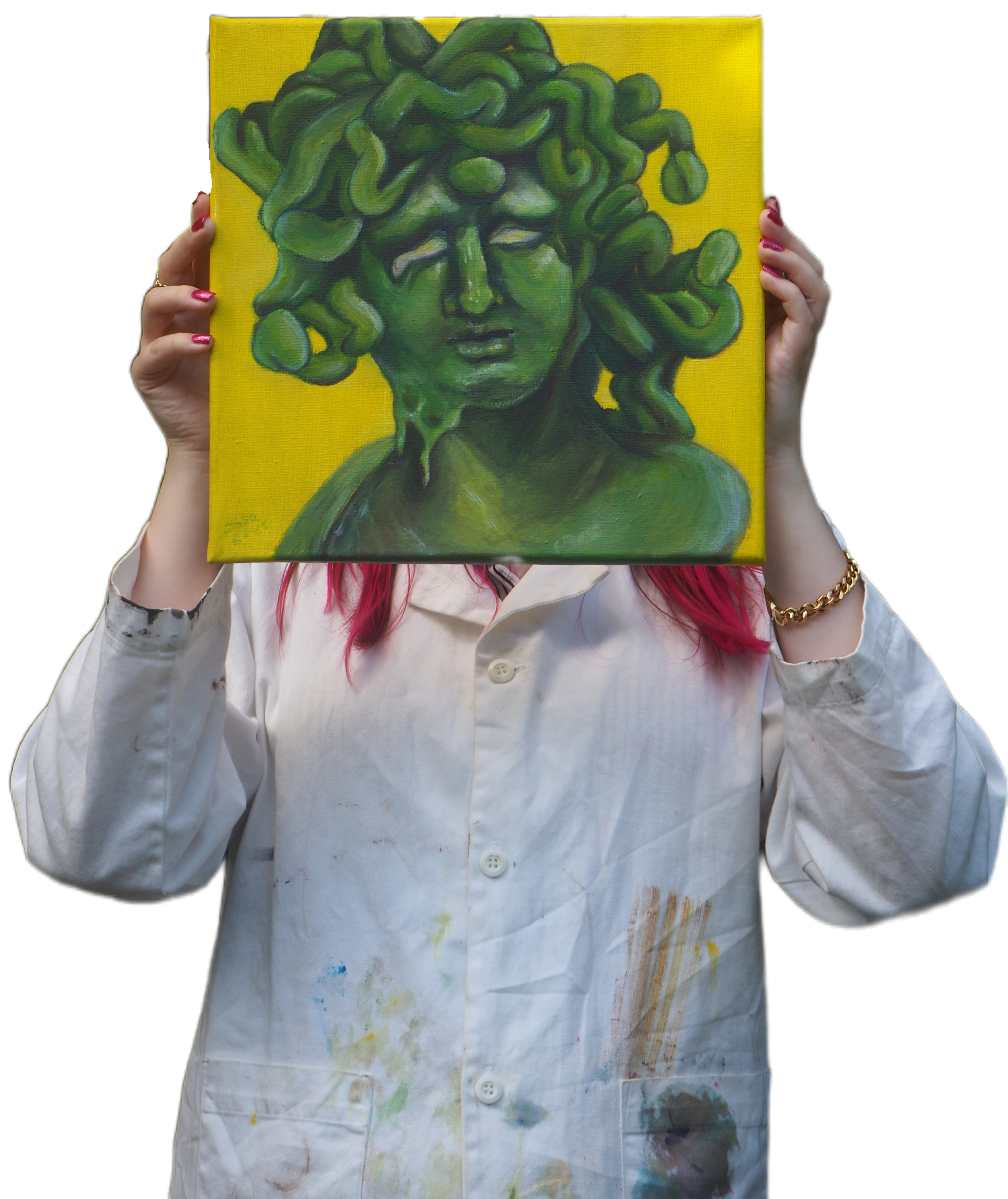 Photo de Georgic la tête cachée par sa toile 'Eros, Thanatos et Méduse', on aperçoit ses cheveux rose