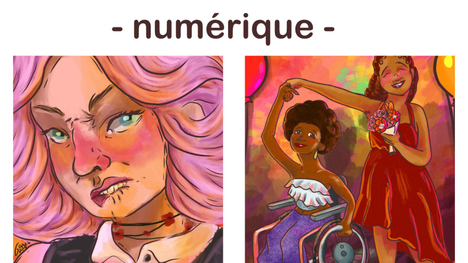 numérique : portrait d'une femme énervée et portrait de deux femmes dont une en fauteuil roulant