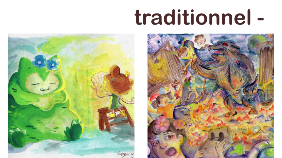 traditionnel : peinture à l'aquarelle et à la gouache d'un ronflex moussu et un personnage de pokopia, à côté il y a le Lycans géant