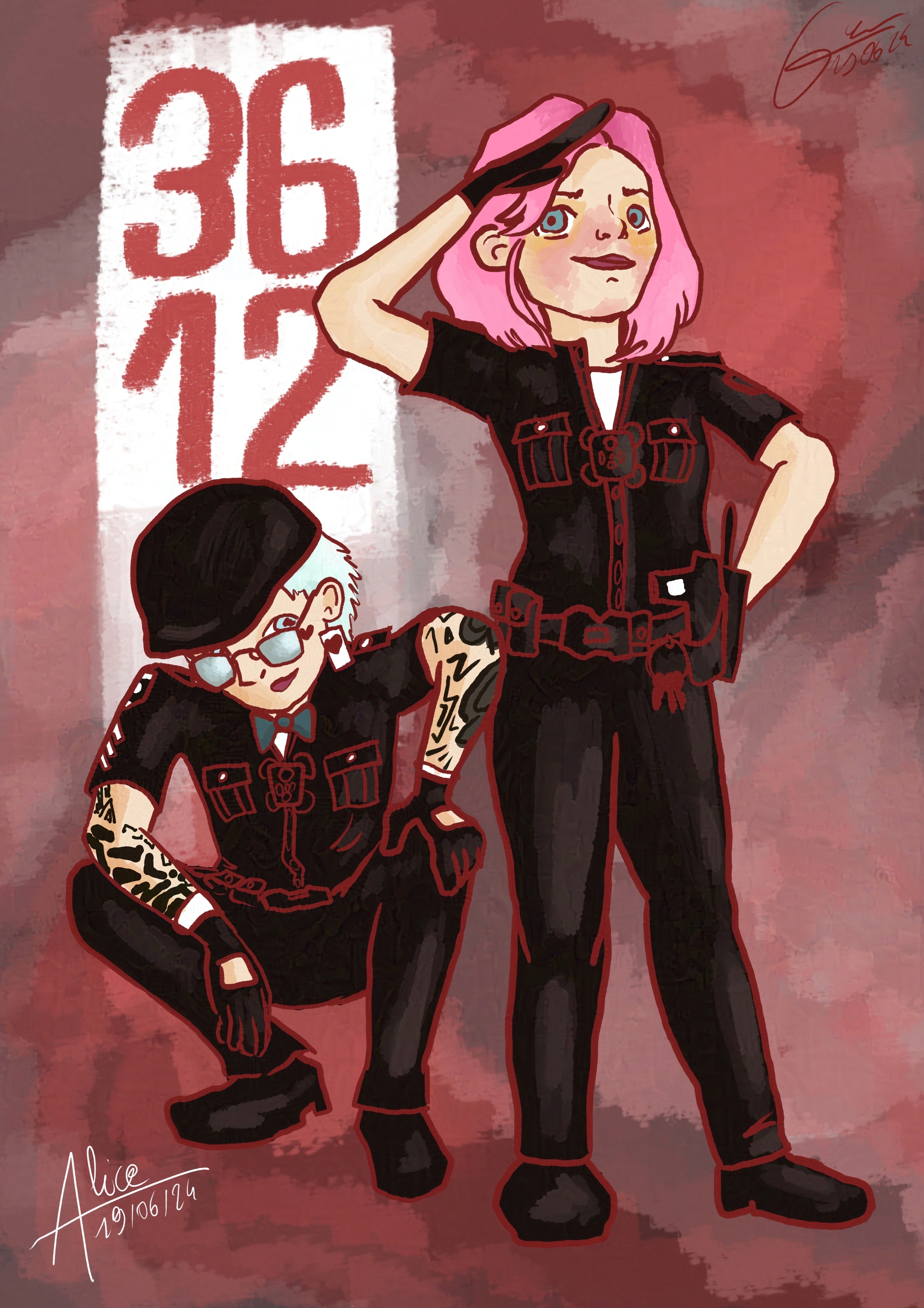 Illustration numérique de deux policiers fictifs, une aux cheveux rose, Alice Clover et un aux cheveux blancs, Ori White. Tous les deux ils forment le duo 3612.