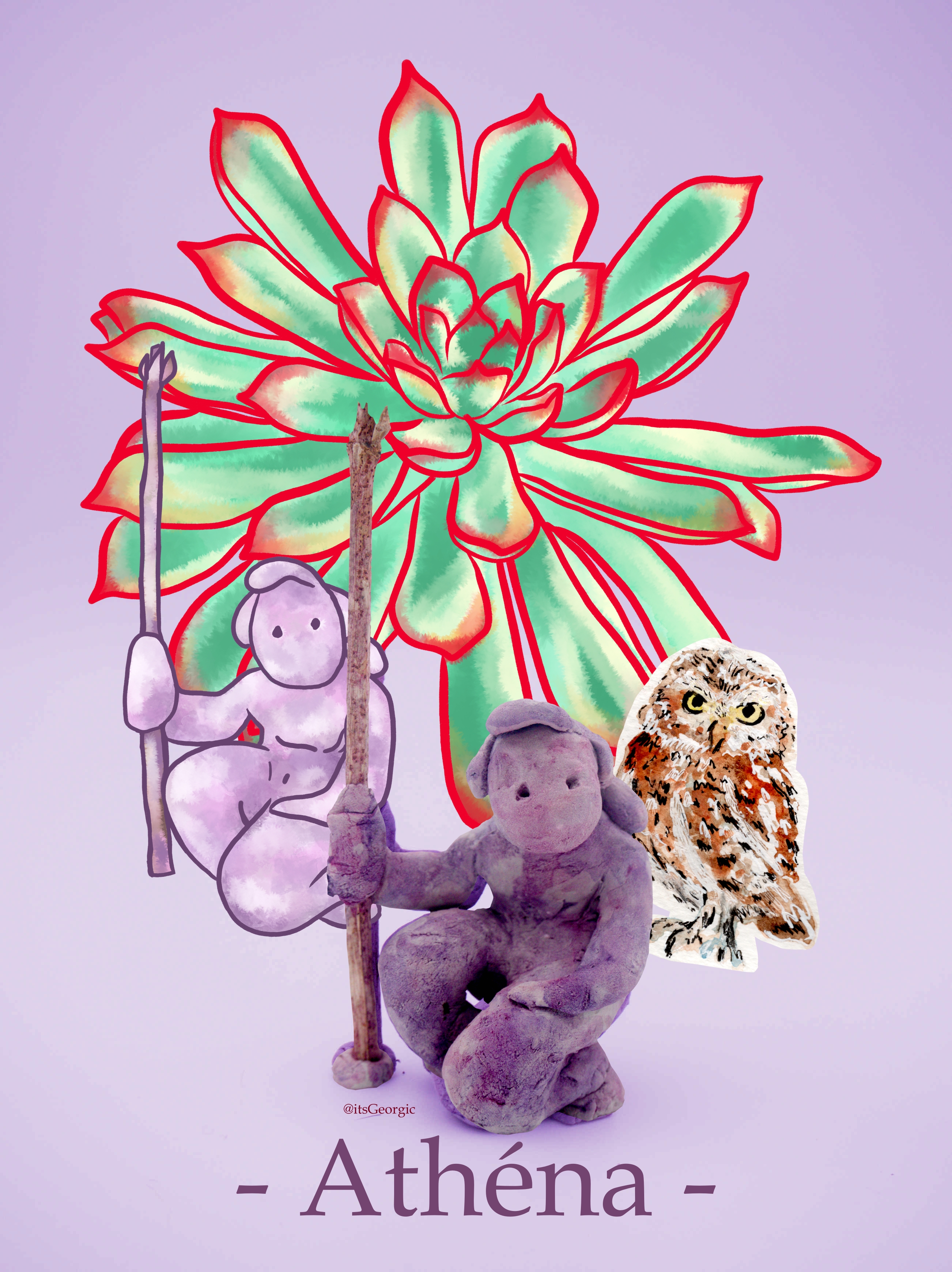 Collage d'une photo de la statuette Athéna, d'un dessin numérique de celle-ci, d'une aquarelle d'une chouette et d'un dessin numérique d'une succulente (echeveria pulidonis).
