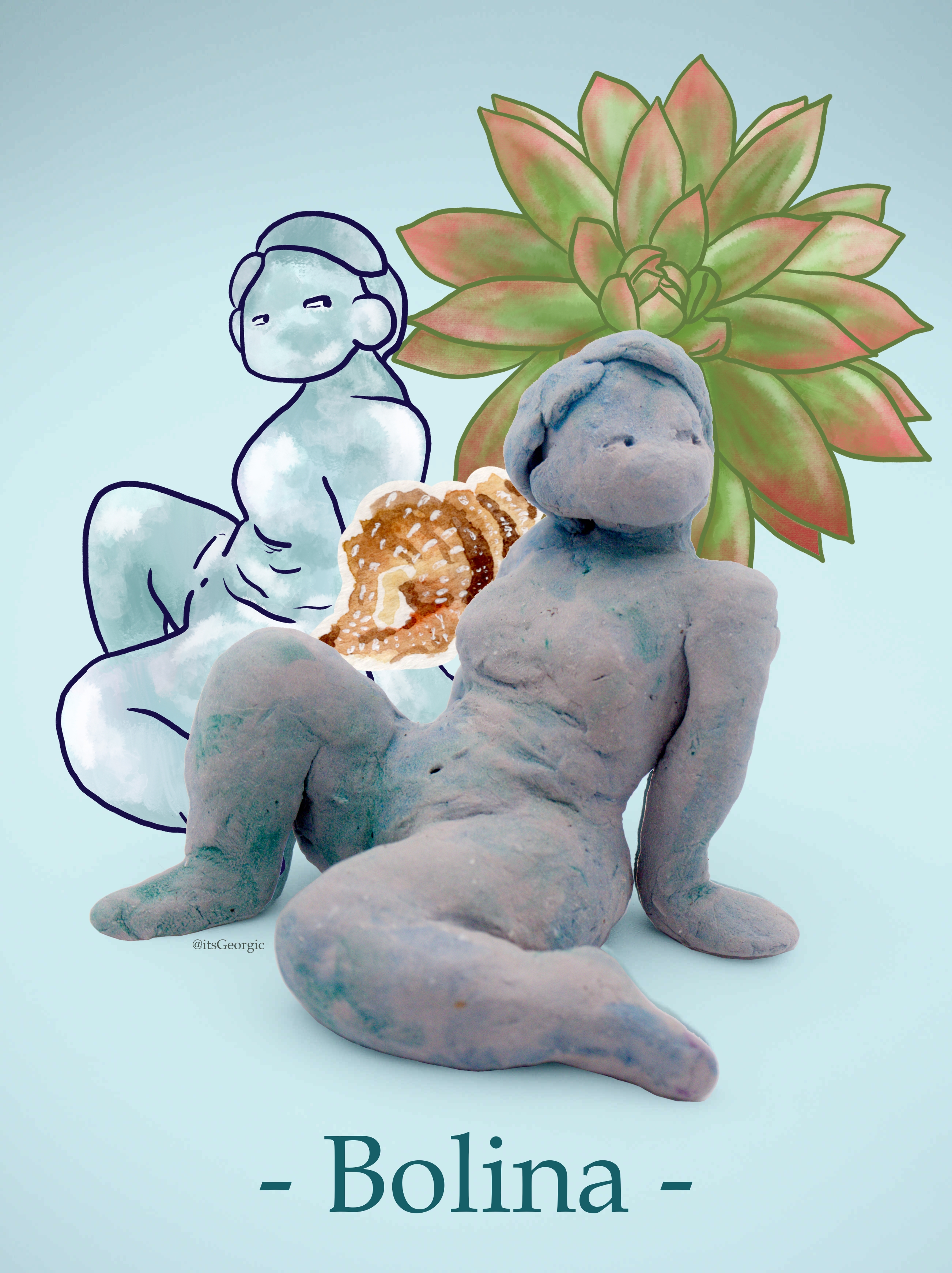 Collage numérique d'une photo d'une statuette bleue assise sur le côté regardant en dehors du cadre, accompagnée d'un dessin numérique de celle-ci, d'un dessin numérique d'une succulente (echeveria agavoides), et d'un dessin à l'aquarelle d'un coquillage