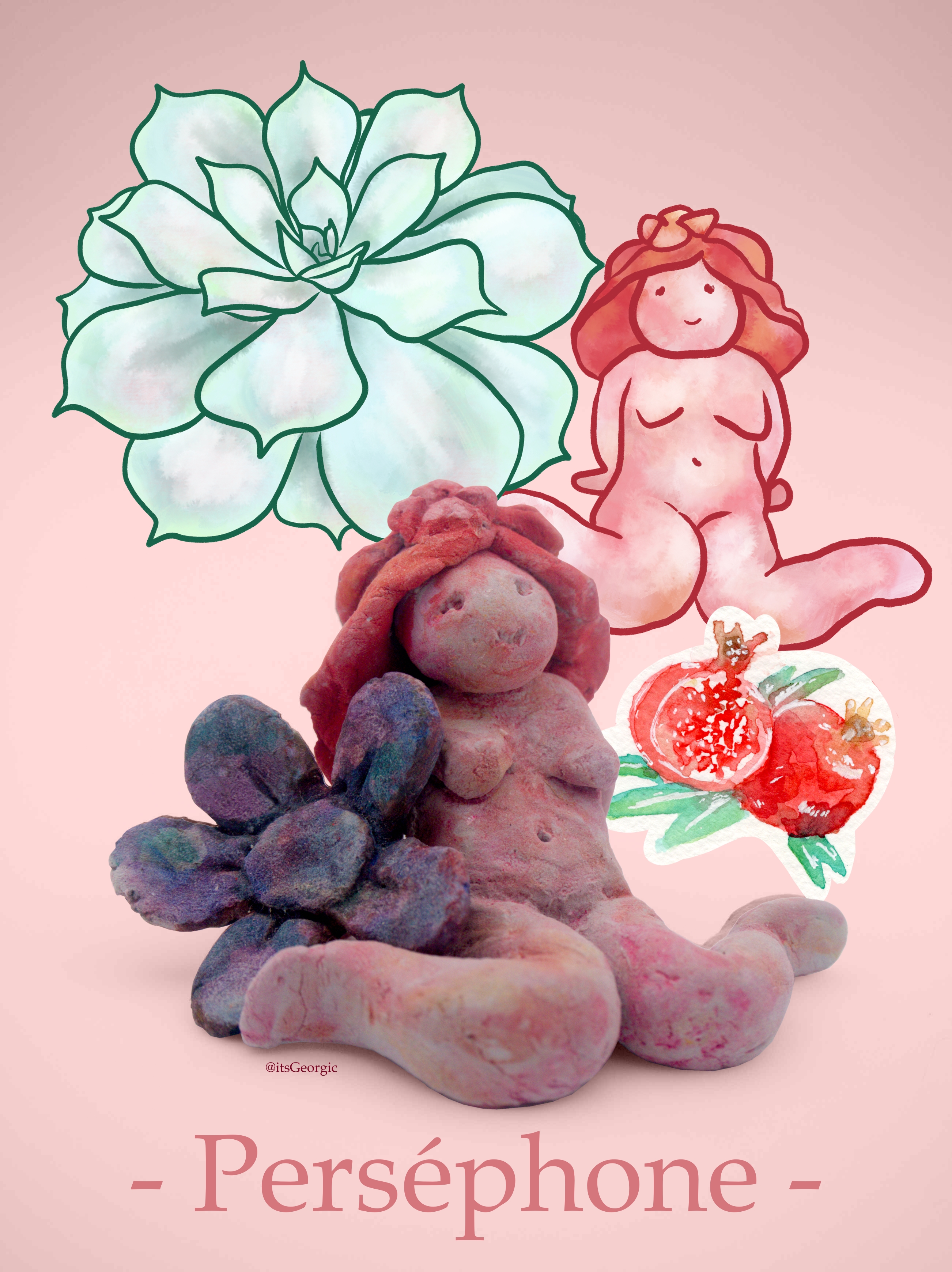 Collage numérique de la statuette de Perséphone et sa fleur, d'un dessin numérique de la statuette, d'un dessin numérique de la succulente et d'une peinture à l'aquarelle d'une grenade ouverte