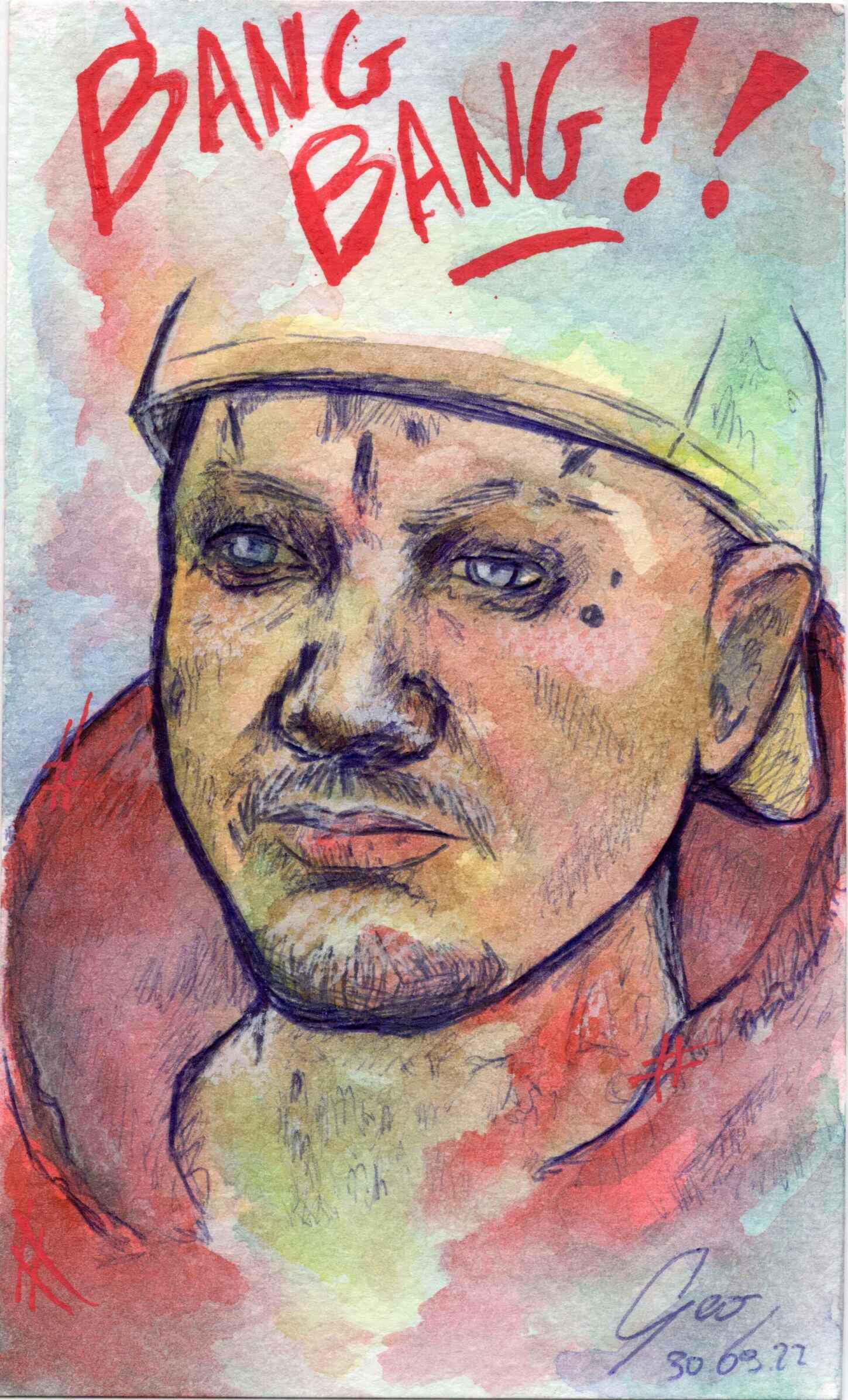 Portrait à l'aquarelle et au stylo à bille d'un jeune homme avec le visage tatoué. Il porte un sweat à capuche rouge et une casquette à l'envers crème. En haut du dessin est écrit "BANG BANG !!"