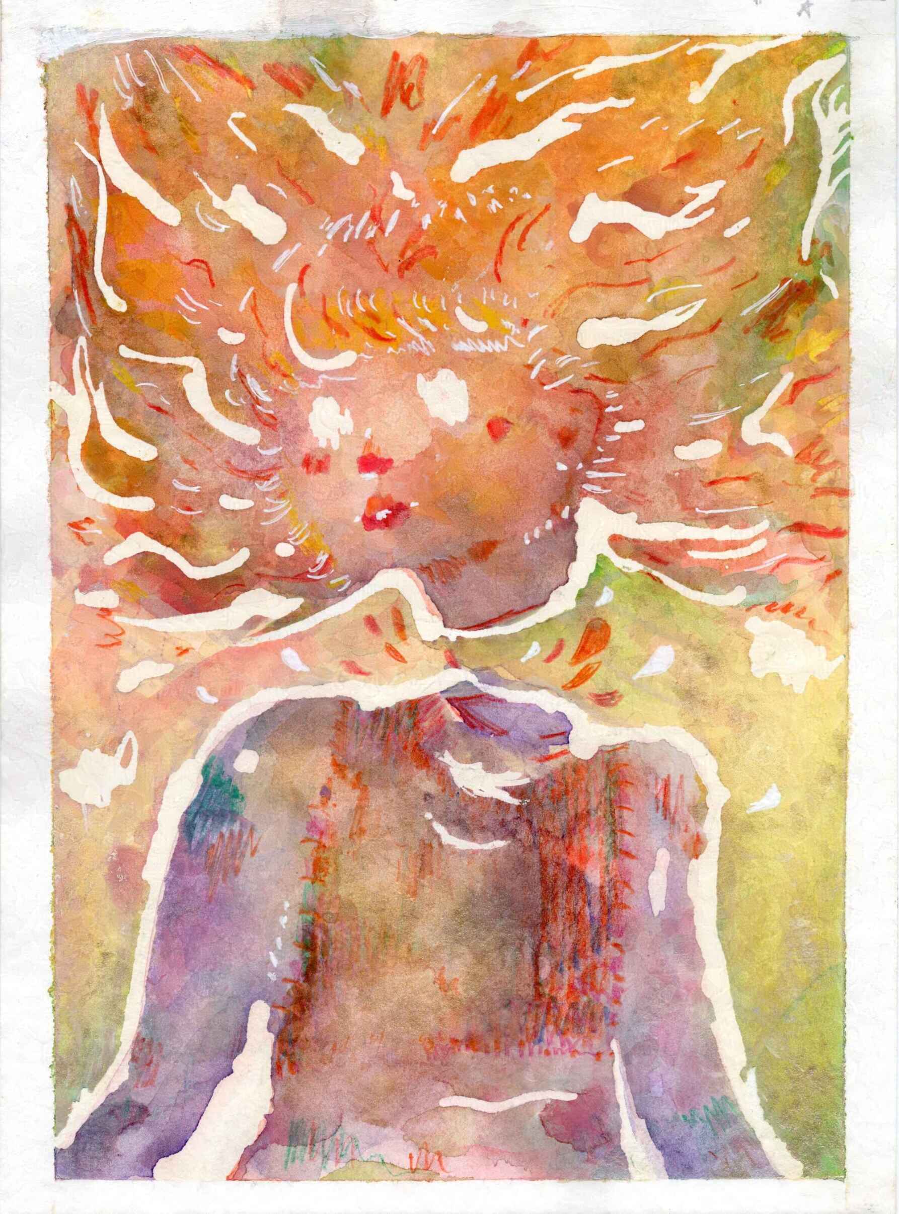 Portrait stylisé à l’aquarelle d’une femme sans iris donc la tête est séparée de son corps et sa chevelure semble prendre feu.