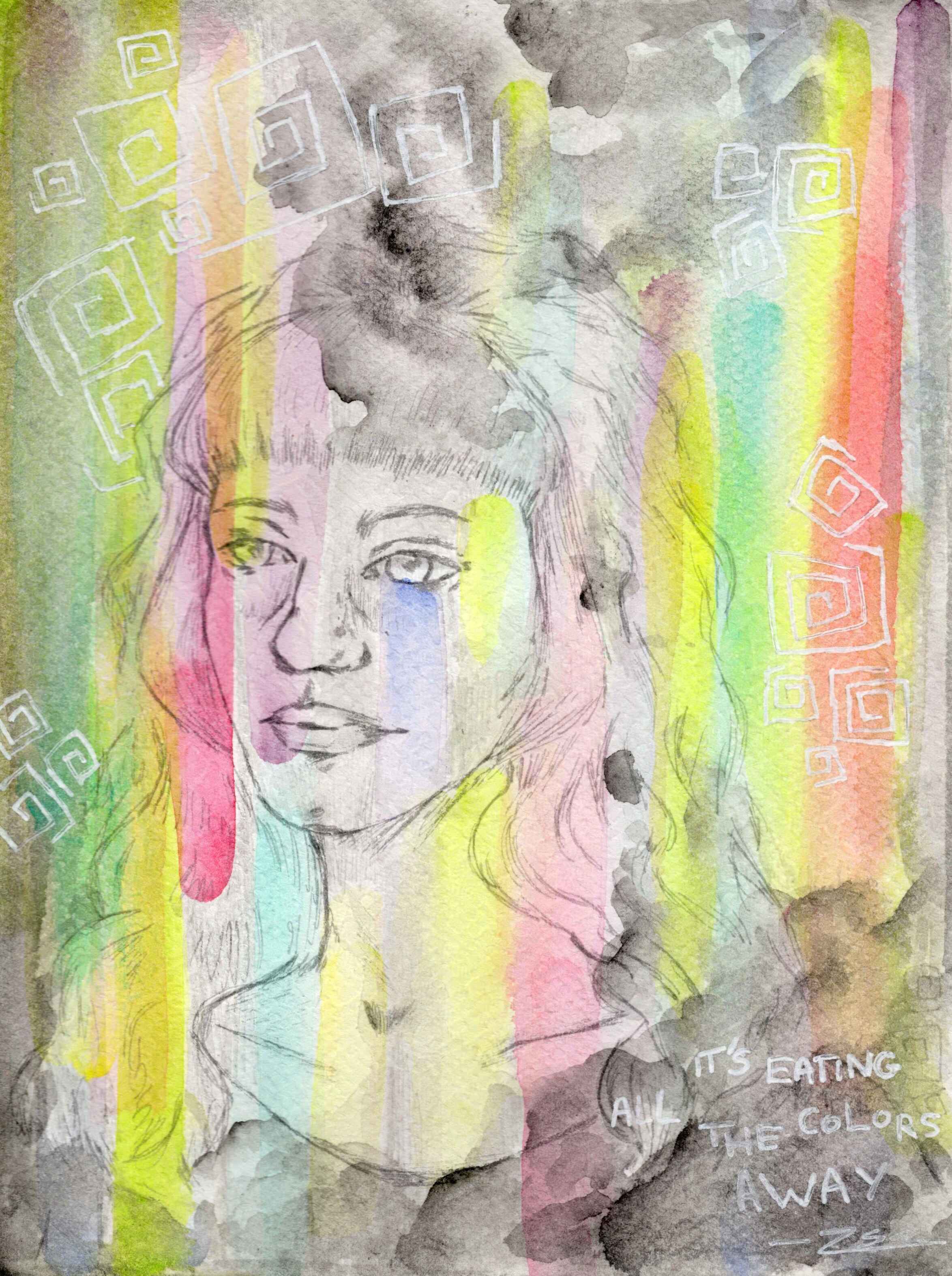 Peinture à l’aquarelle par dessus un portrait au crayon de mine. Des lignes de couleurs parsemées de spirales cubiques parcourent la feuille mais sont recouvertes parfois par une épaisse fumée noire semblant sortir de la tête de la femme dessinée