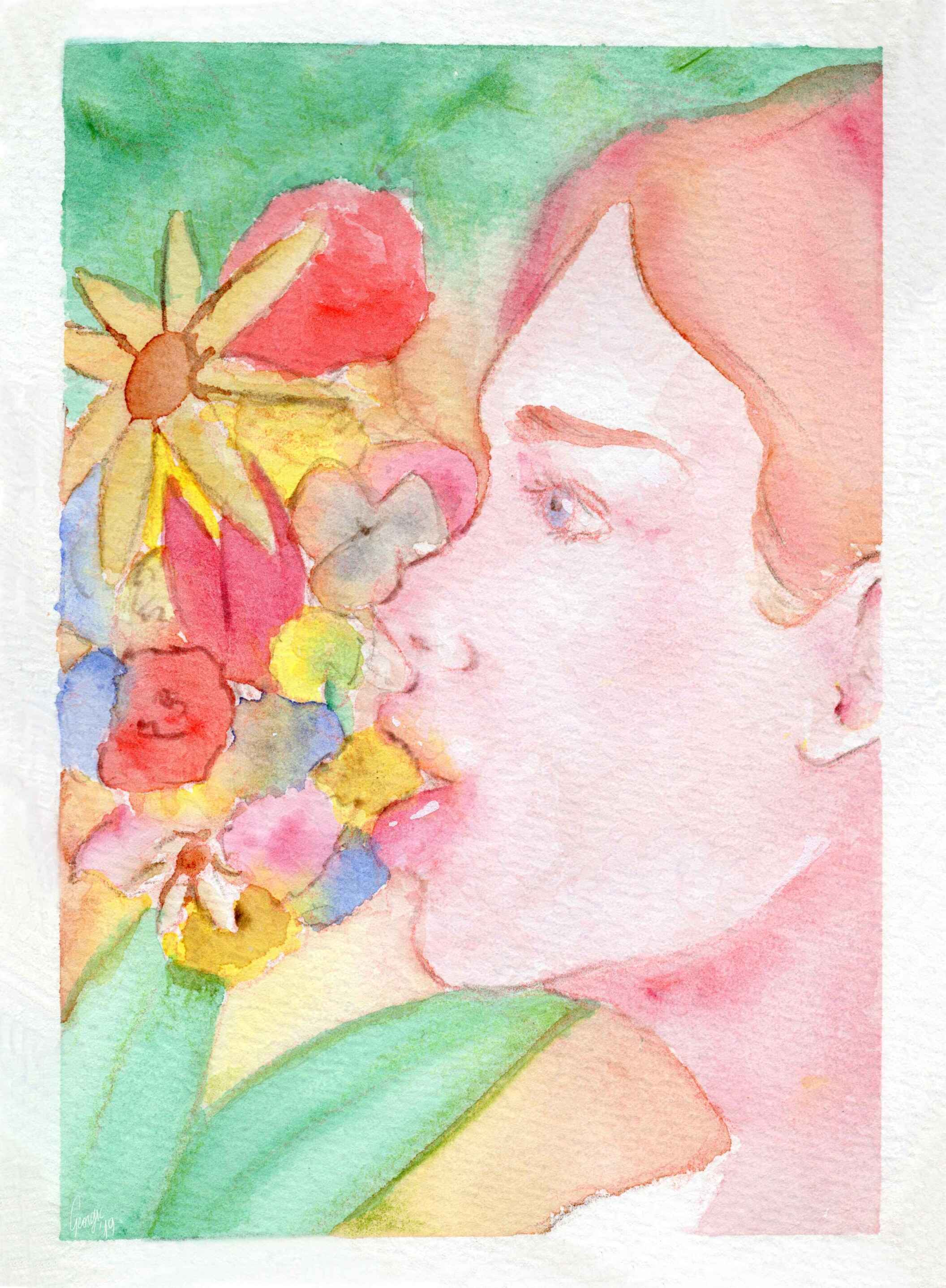 Portrait à l'aquarelle d'une femme de profil aux cheveux longs roux et aux yeux bleus dont des fleurs semblent sortir de sa bouche et recouvrent la partie gauche du dessin