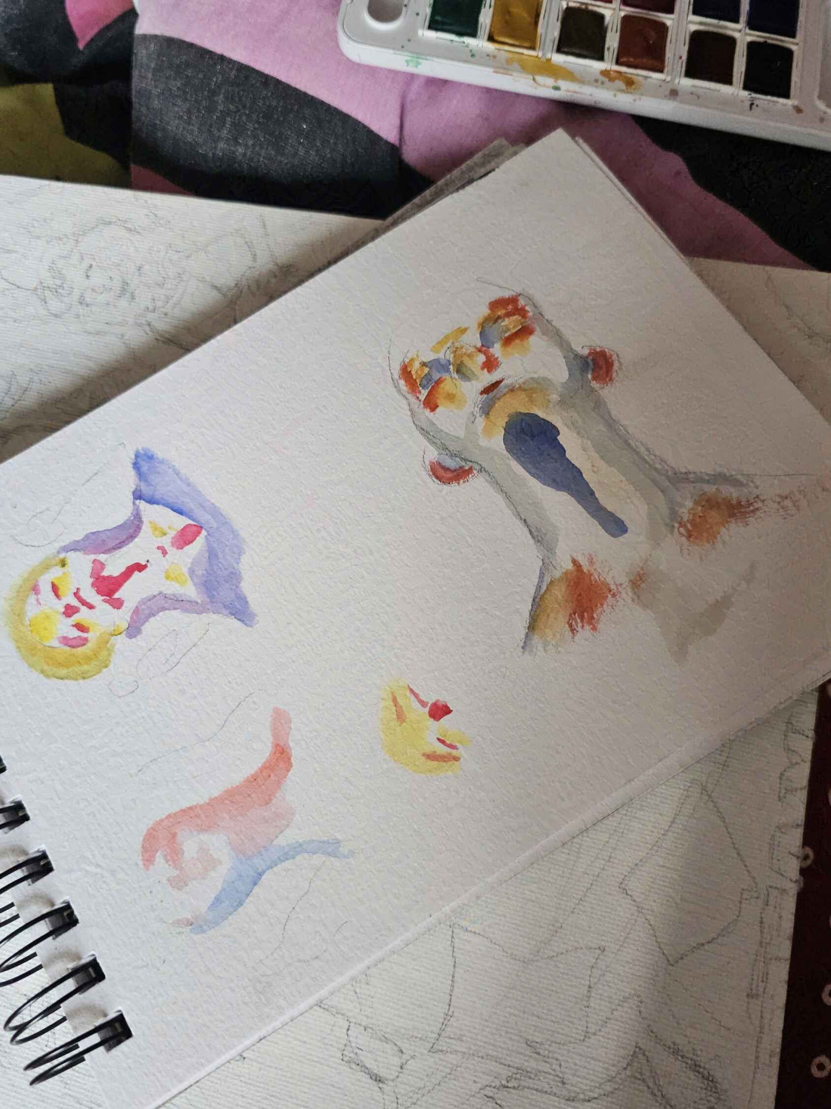 Photo de vignettes dans un carnet de croquis pour tester les couleurs.