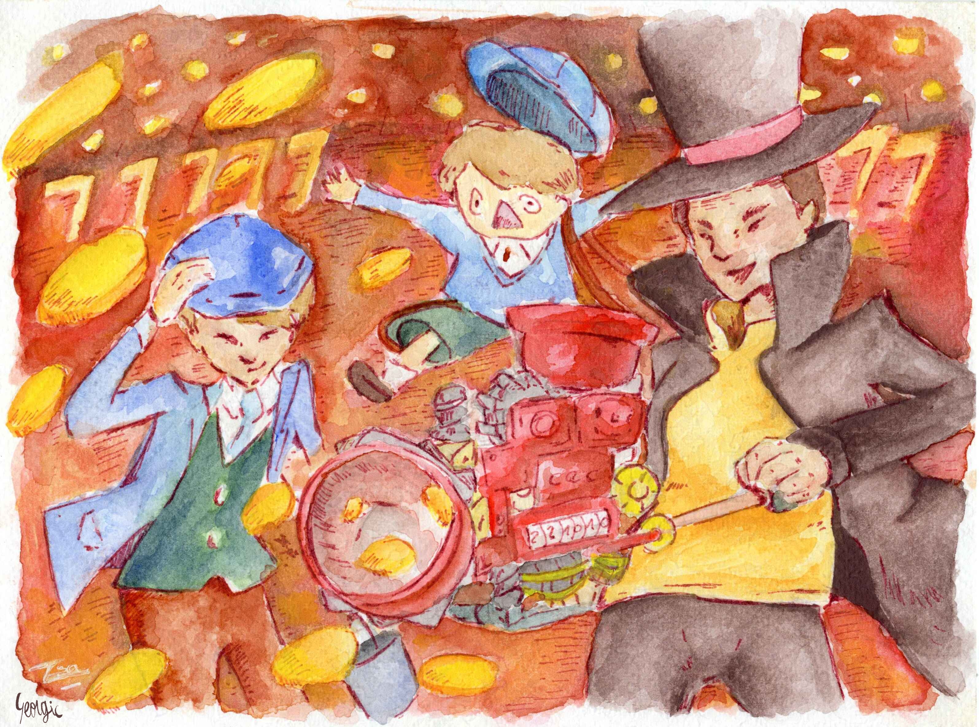 Illustration  à l'aquarelle dans le casino du jeu "Professeur Layton et le Destin Perdu". On y voit le Professeur Layton manier une arme construite à partir d'appareils de jeu avec laquelle il tire des jetons. Les rouleaux de l'arme improvisée notent "221010". Luke du futur se tient à côté de Layton un seau de jetons dans une main et retenant sa casquette de l'autre. Petit Luke est propulsé en arrière et saute dans les airs.