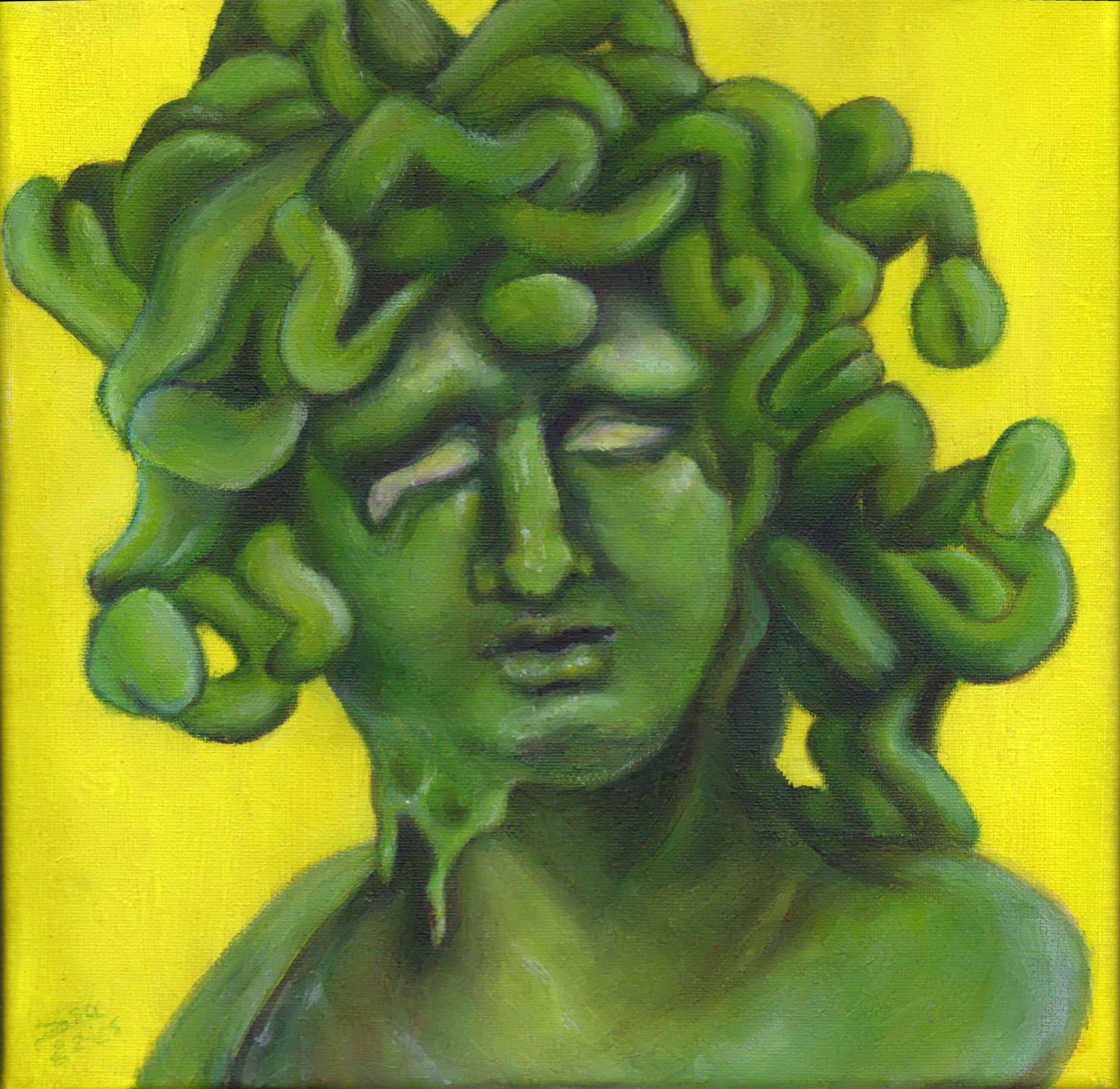 Peinture à l'acrylique inspirée de la statue Méduse du Bernin. On y voit une Méduse mythologique au regard inquiet, couleur bronze oxydé, avec son visage qui fond partiellement.