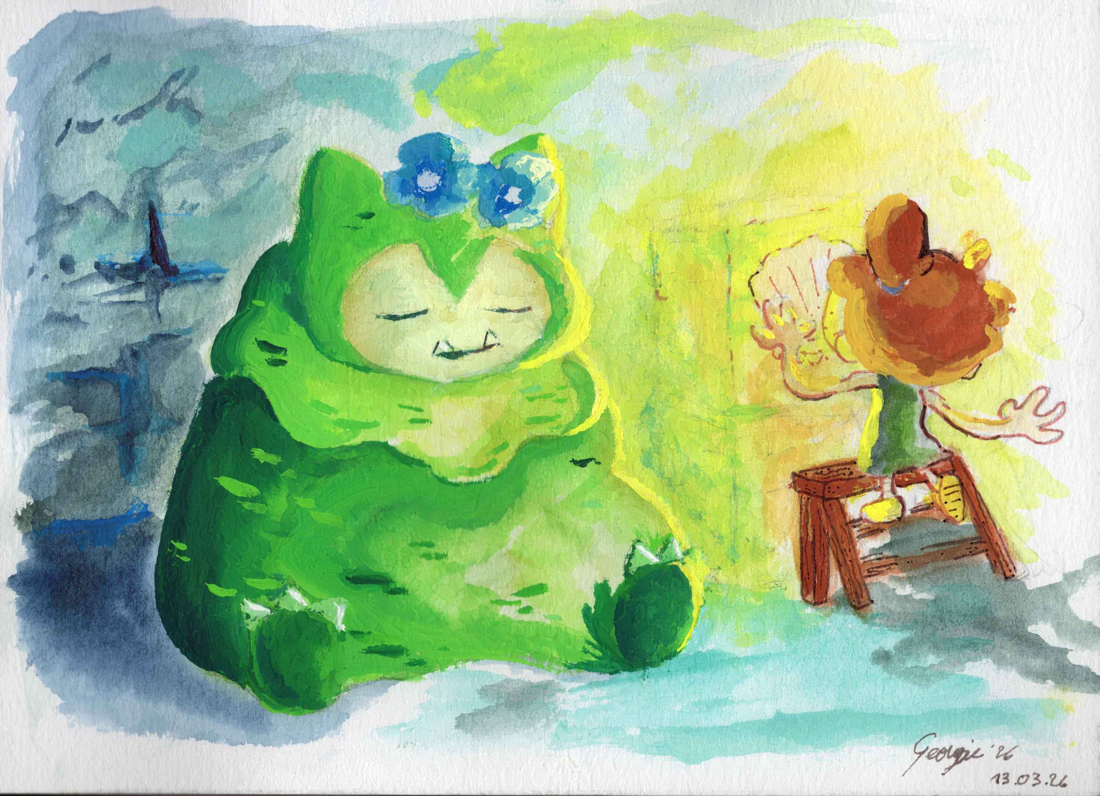Illustration à l'aquarelle et à la gouache du Pokémon Ronflex couvert de mousse en train de dormir dans une grotte à côté d'un pilier auquel un personnage à l'apparence humaine accroche une lampe qui éclaire la grotte.