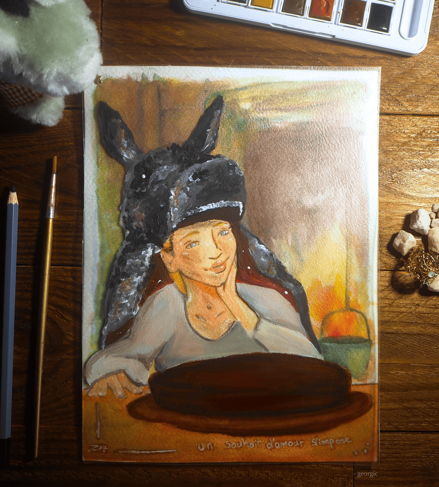 GIF animée d'une illustration inspirée du film Peau d'âne de Jacques Demy. On y voit Peau d'Âne avec son gâteau où elle a caché sa bague. Grâce à un système de calque, Peau d'âne passe de sa version princesse à sa version grimée en âne.