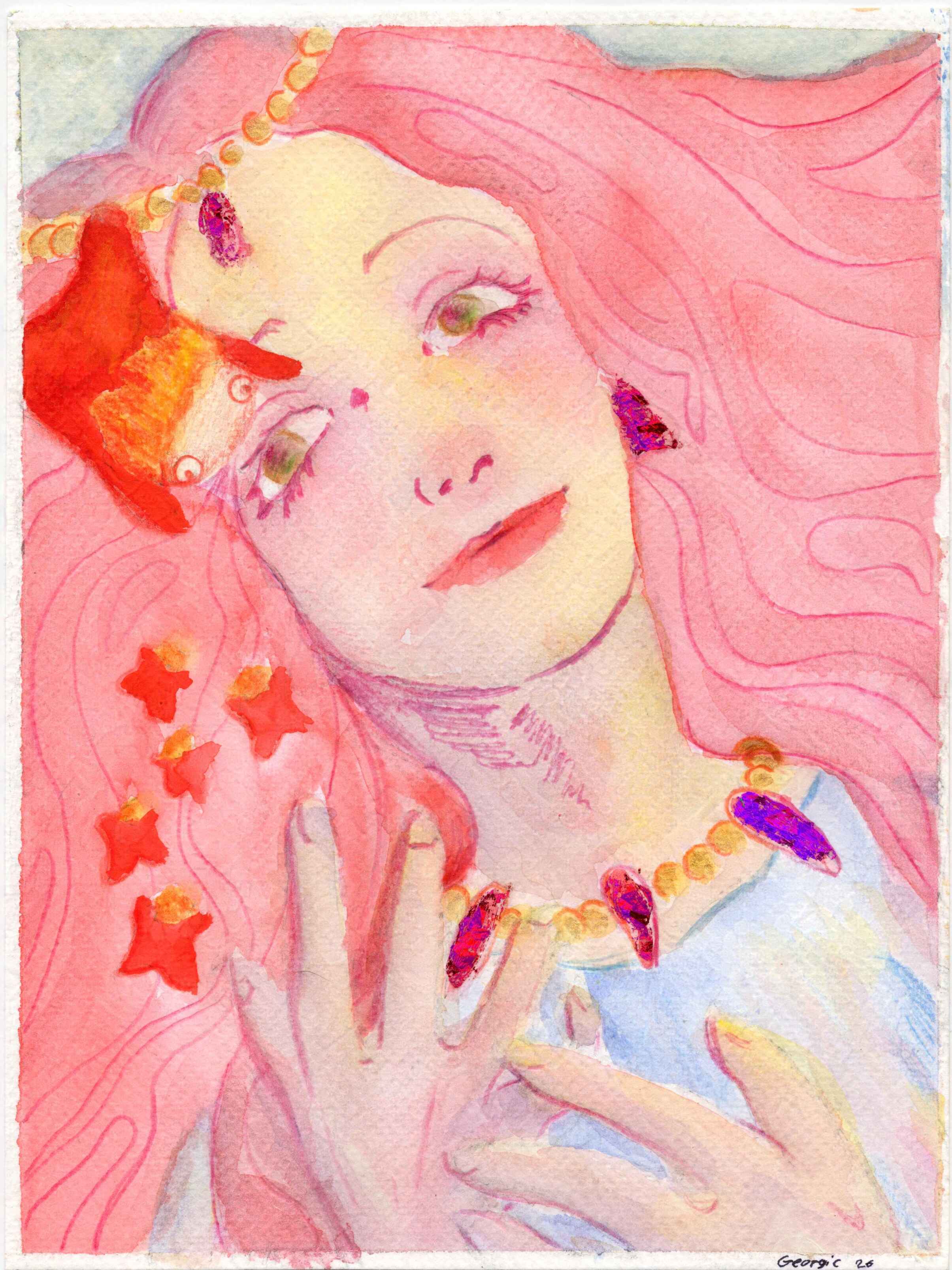 Peinture à l'aquarelle de Granmamare du film du studio Ghibli Ponyo. Elle invite sa fille à poursuivre son chemin, elle qui est suivie par ses soeurs.