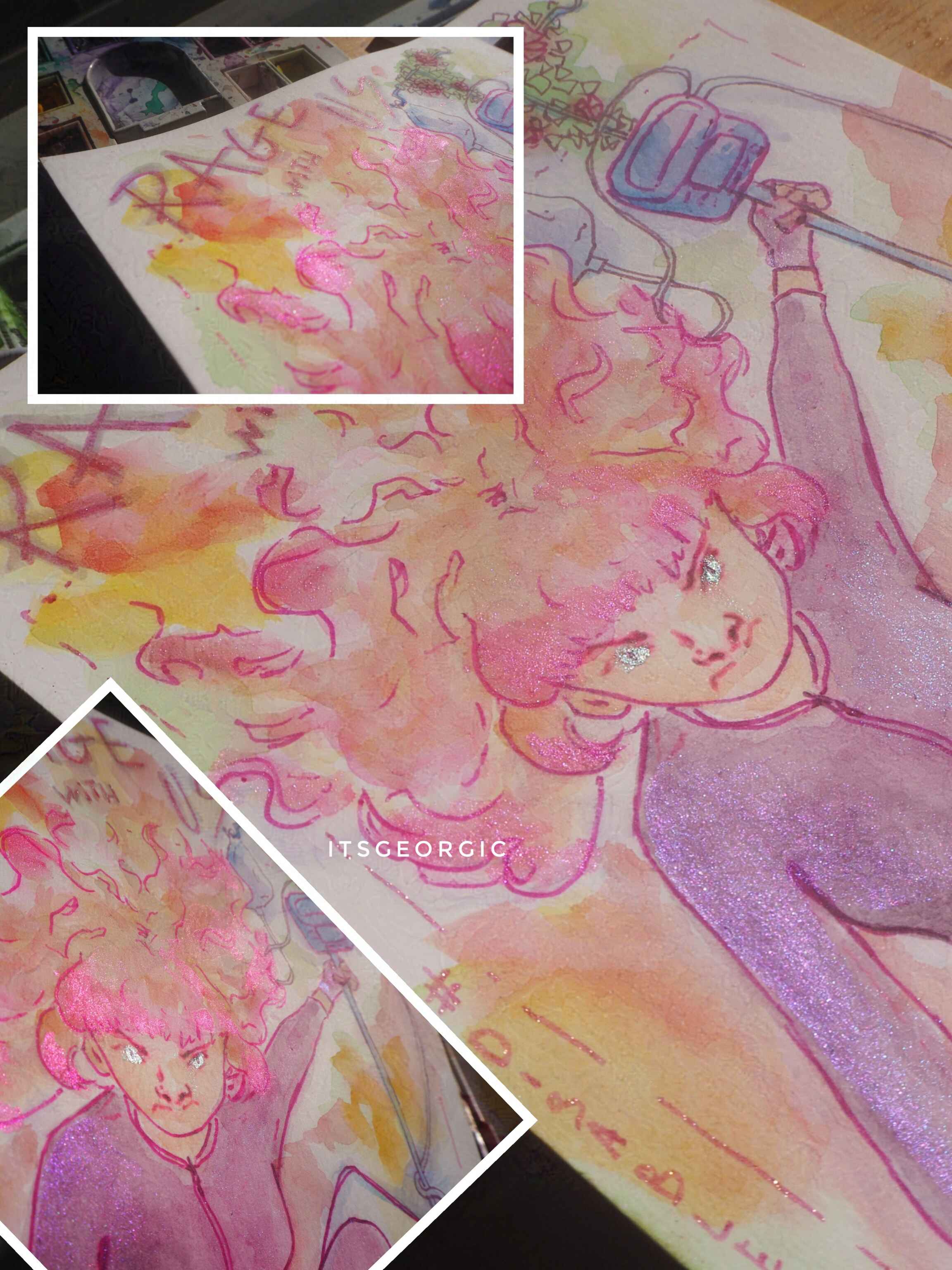 Collage de photos de la peinture zoomées et à un angle permettant de voir les paillettes.