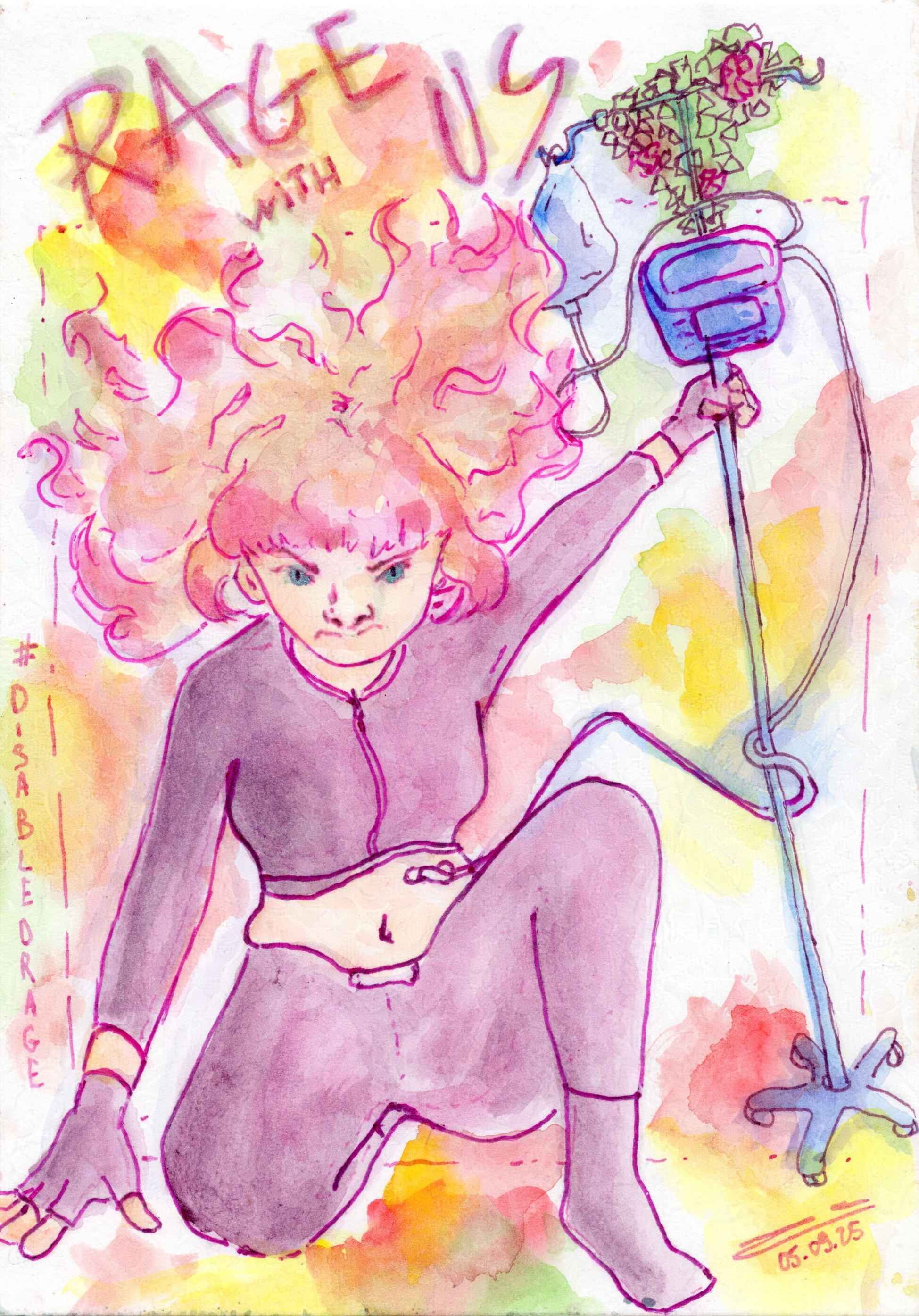 Peinture à l'aquarelle d'une jeune femme un genou à terre, un peu à la manière d'une super-héroïne, brandissant une potence médicale d'une main sur laquelle est accrochée une poche de nutrition artificielle, reliée à une pompe puis au bouton de gastrostomie de la jeune femme. Elle porte des vêtements compressifs violets et ses cheveux blonds aux pointes rose volent vers le haut. Le slogan "RAGE WITH US" est écrit au-dessus d'elle.