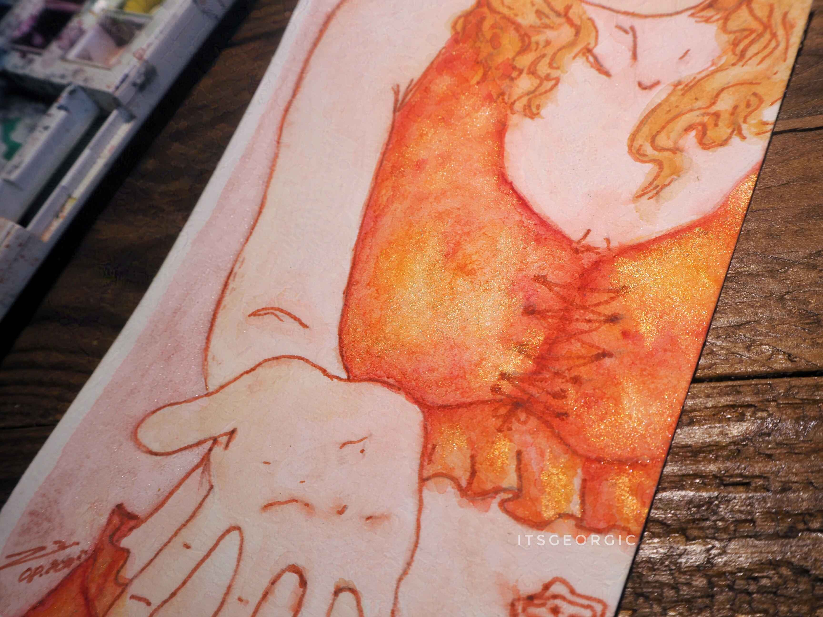 Photo de la peinture à un angle montrant que des parties de l'oeuvre sont réhaussées avec des paillettes.