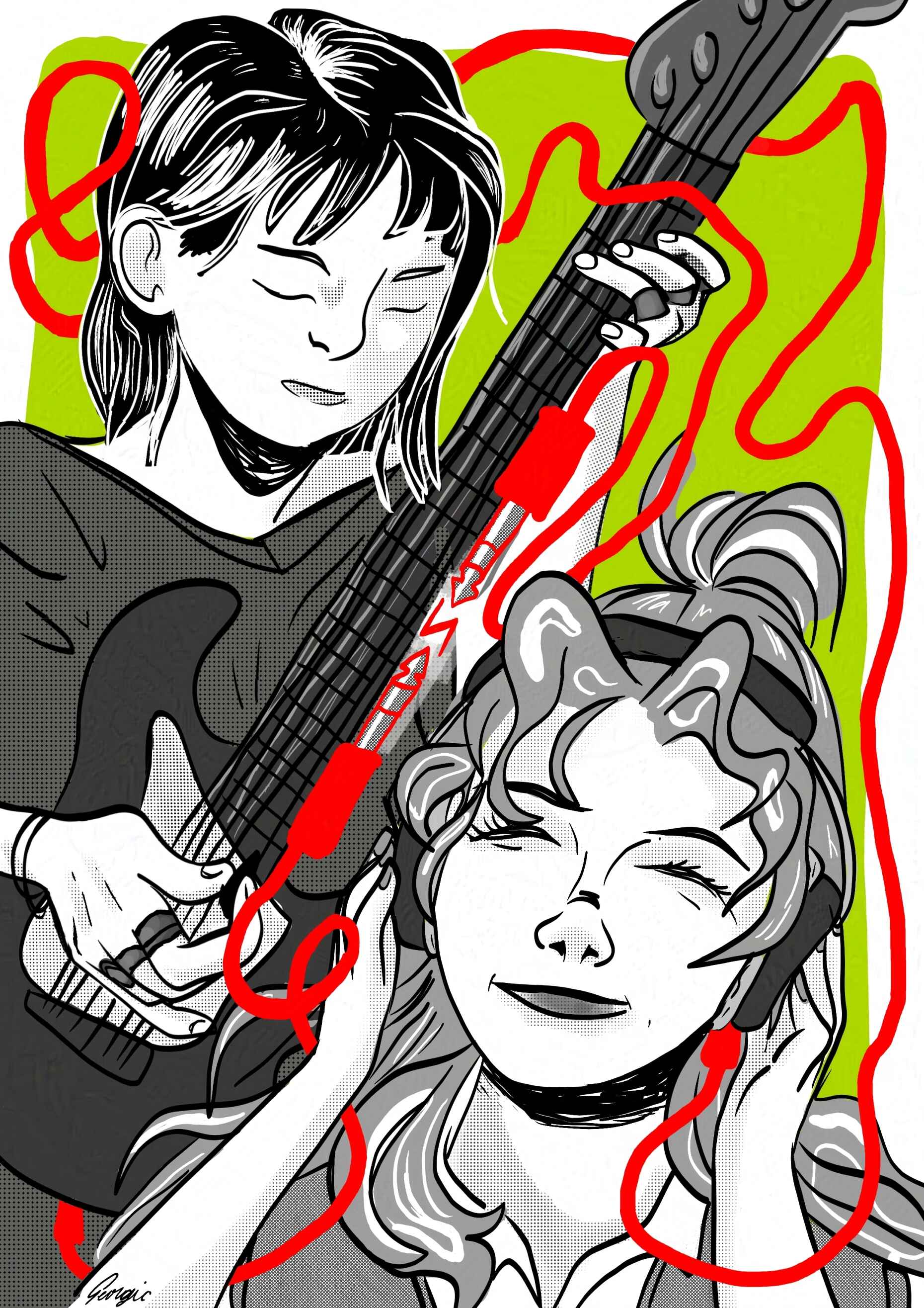 Dessin stylisé en noir et blanc de deux jeunes filles : l’une aux cheveux courts noirs fait de la guitare tandis que l’autre écoute de la musique dans un casque. Les deux sont reliées par deux câbles jack qui se rejoignent au milieu du dessin