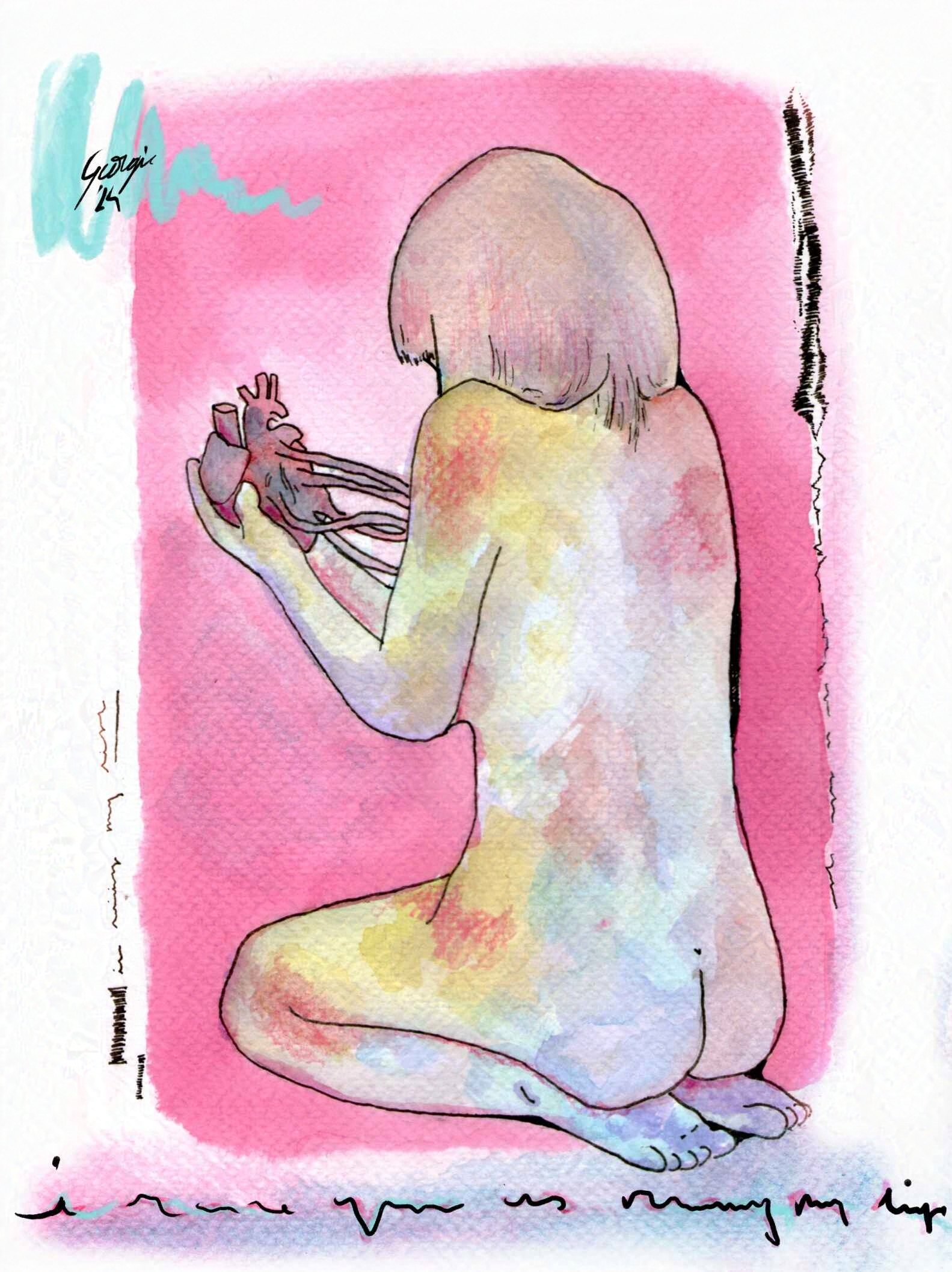Peinture à l'aquarelle d'une femme nue, de trois-quarts dos, tenant son cœur encore relié à son corps dans les mains. Il y a du texte illisible en bas de la peinture.