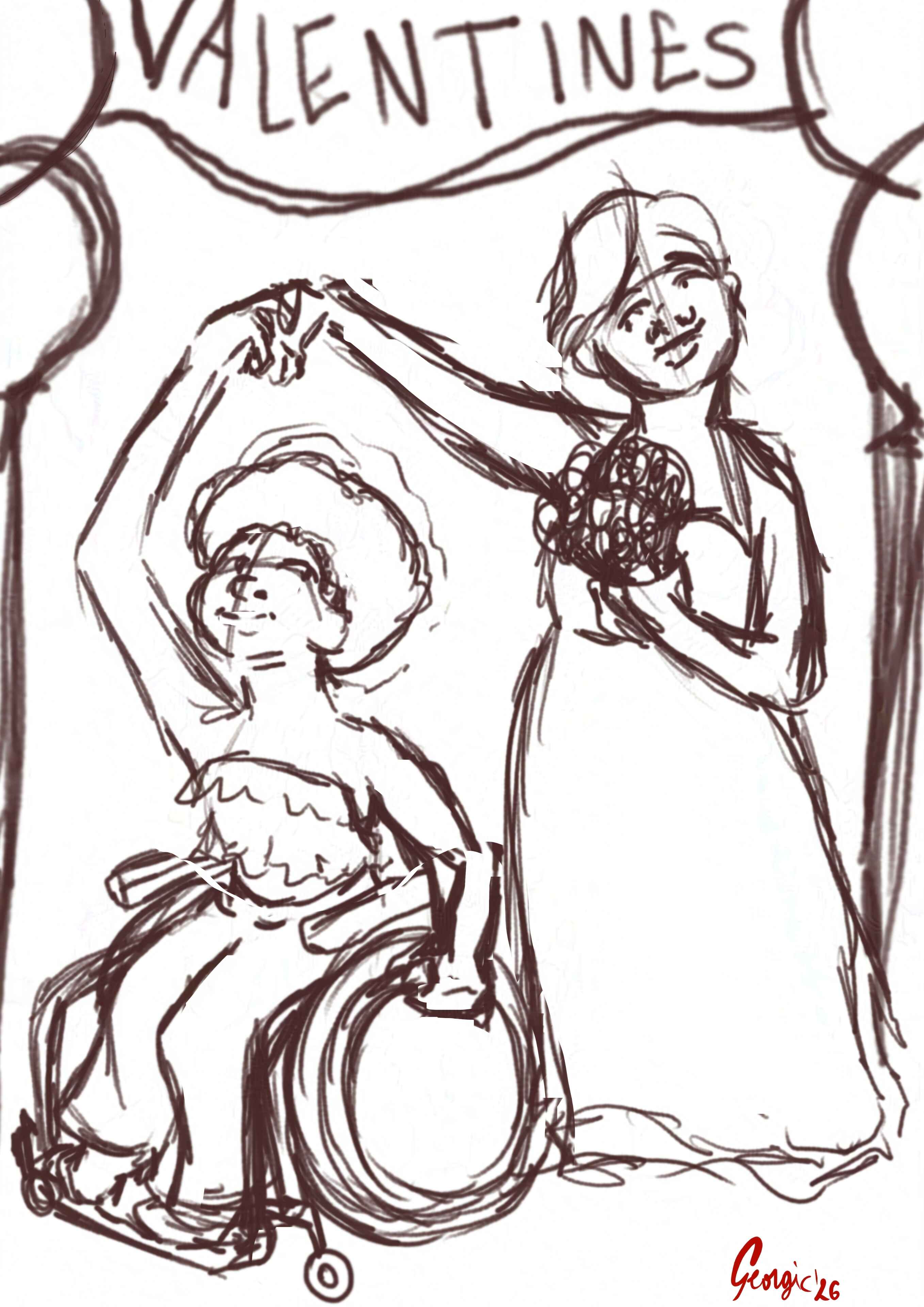 Croquis de deux femmes noires dont une en fauteuil roulant en train de danser à une fête