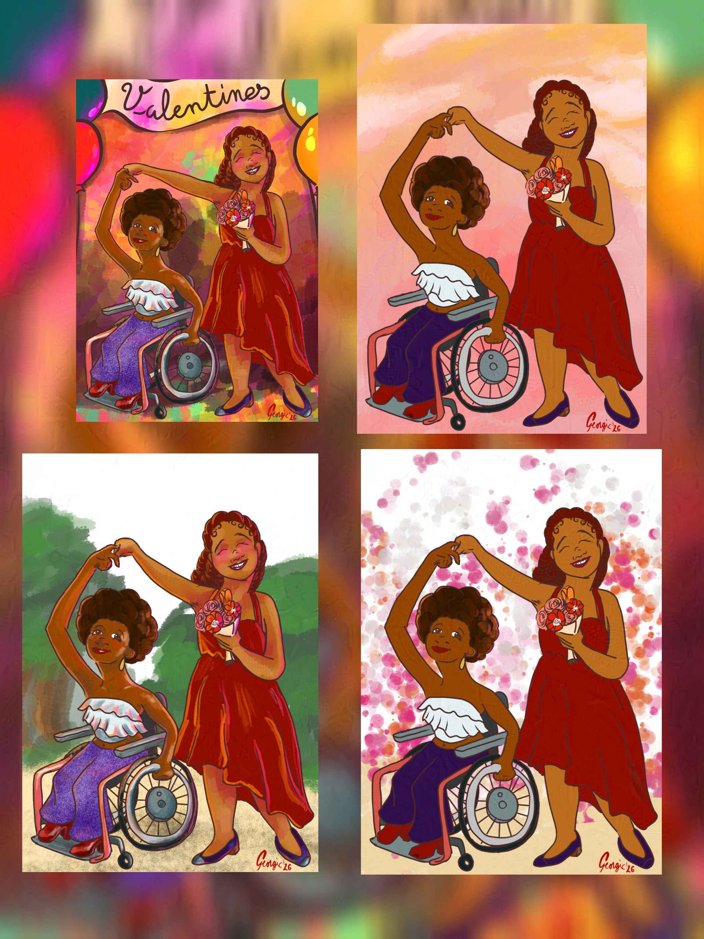 4 vignettes : l'illustration finie et à côté 2 versions avec des aplats et des tests de fonds aux couleurs du drapeau lesbien et une version peinte avec le fond d'un parc
