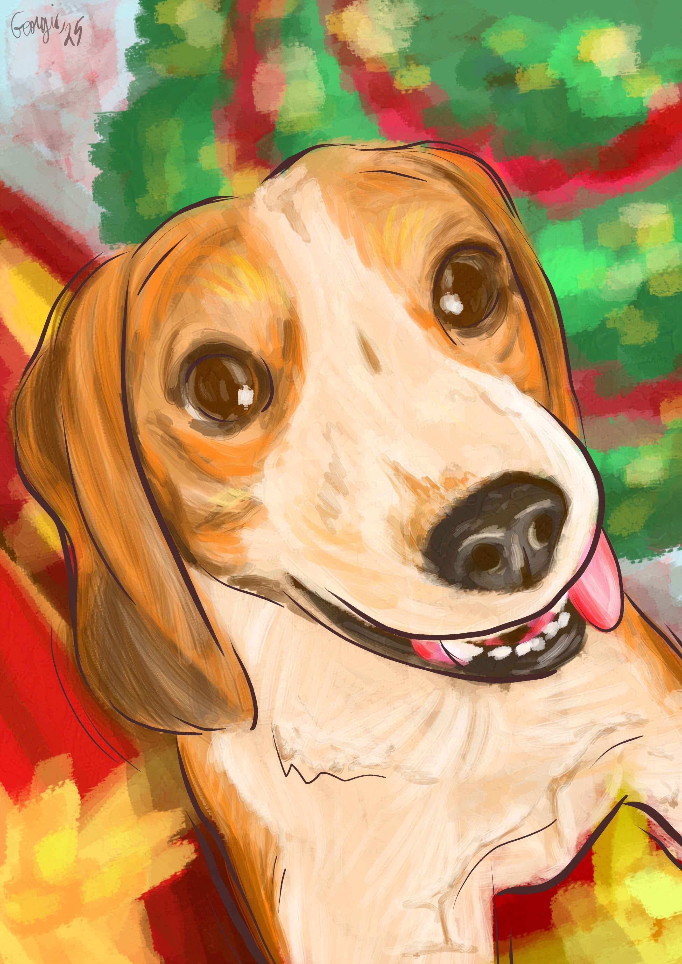 Peinture numérique d'un beagle debout s'appuyant avec ses deux pattes avant sur quelque chose hors-champ. Il a les yeux brillants, la langue qui pend sur le côté et une tâche marron sur le dessus du museau. Derrière lui il y a un sapin de Noël et des cadeaux.