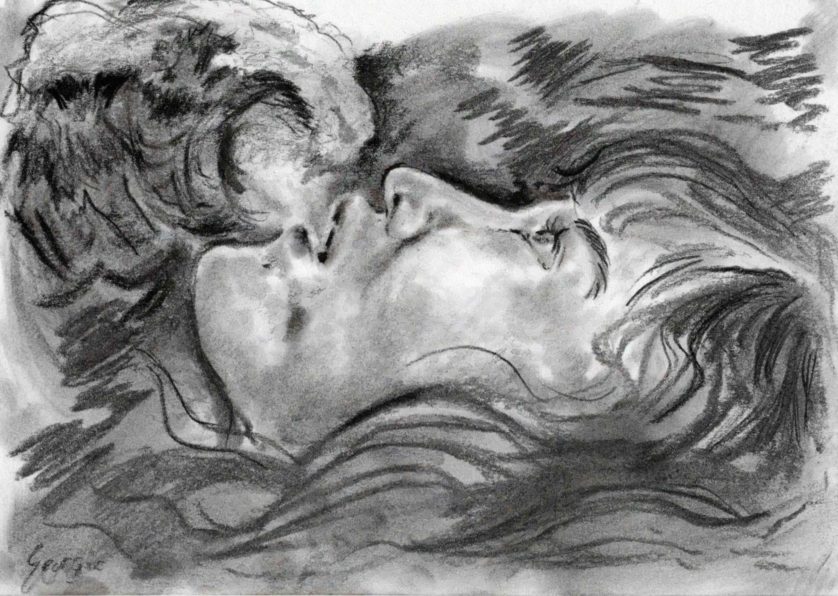 Dessin au fusain du visage d’une jeune femme allongée sur le dos vu de profil. Ses cheveux se confondent avec des vagues, elle semble flotter. Au loin une grosse vague est en train de se former.