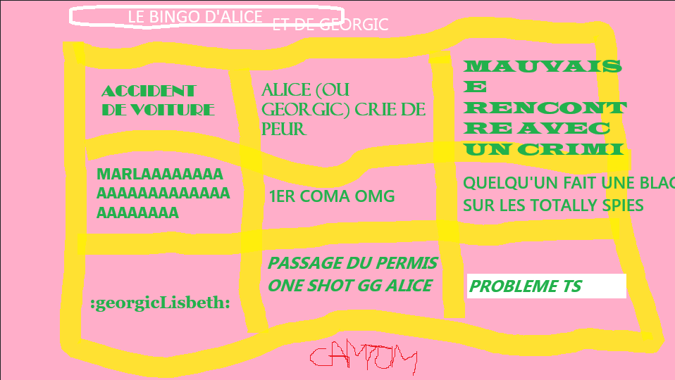 Grille de bingo : 'LE BINGO D'ALICE ET DE GEORGIC : Accident de voiture / Alice (ou Georgic) crie de peur / Mauvaise rencontre avec un crimi / Marlaaaaaaa / 1er coma OMG / Quelqu'un fait une blague sur les Totally Spies / :georgicLisbeth: / Passage du permis one shot GG Alice / Problème TS' signé : Camtum