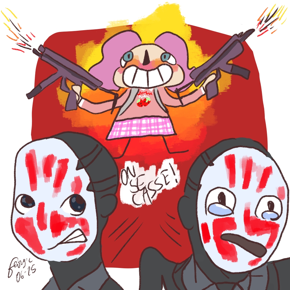 Dessin style cartoon d'Alice en tenue complètement rose. Elle tient un fusil d'assaut dans chaque main, l'air ravie, elle tire en l'air. Au premier plan il y a deux hommes portant un masque avec une empreinte de main rouge. L'un des deux pleure, ils crient "On se casse !"