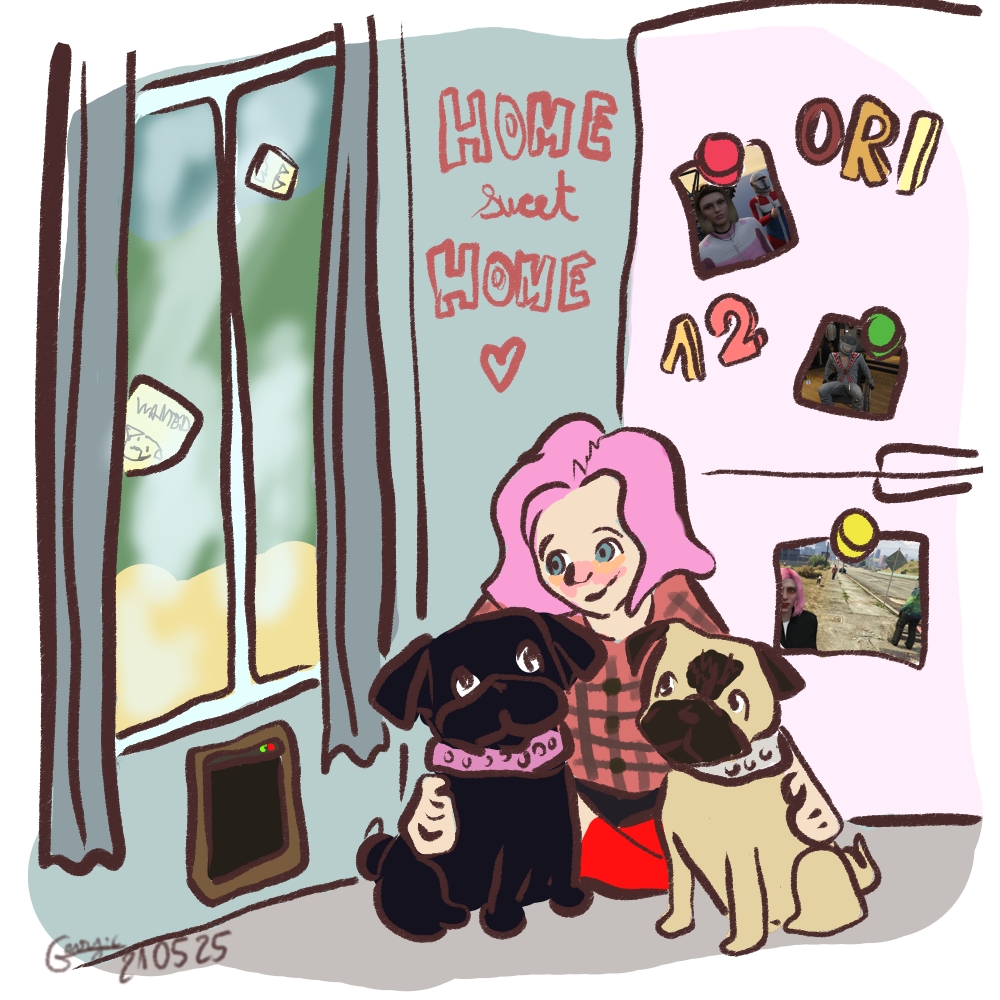 Illustration d'Alice tenant dans ses bras un carlin noir et un carlin sable. Il y a une chattière connectée au mur. Sur le frigo il y a des captures d'écran de GTA d'Alice et ses amis. Il y a aussi ORI et 12 écrits en magnets Une décoration Home sweet Home est au mur. Sur la fenêtre on voit collée par le vent sur celle-ci une affiche pour un carlin disparu ...