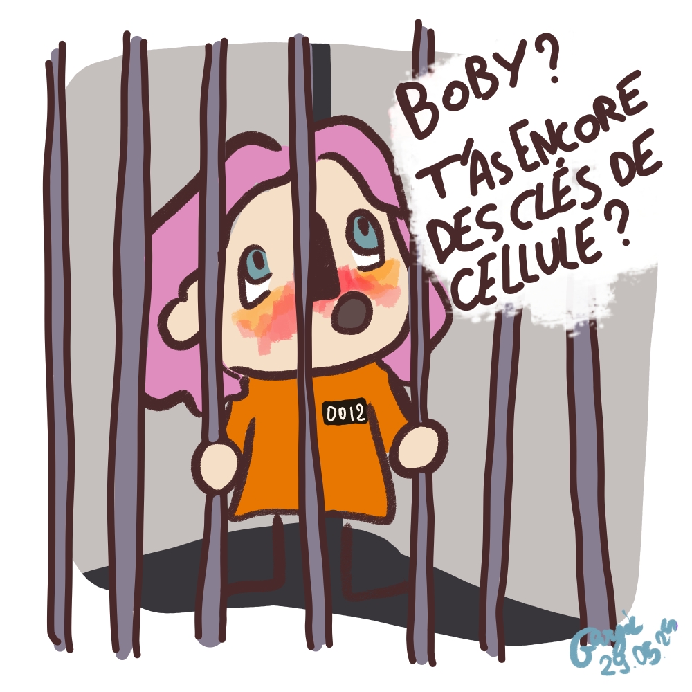Dessin style cartoon avec aberrations chromatiques. Alice, avec un grand sourire, est au volant d'une voiture de police et son ami et collègue Colas s'agrippe aux poignées. Alice s'écrie "ON VA VERS LA LUMIERE". Une note indique "elle a pris le sucre de tonton Vastinov (c'était de la coke)".