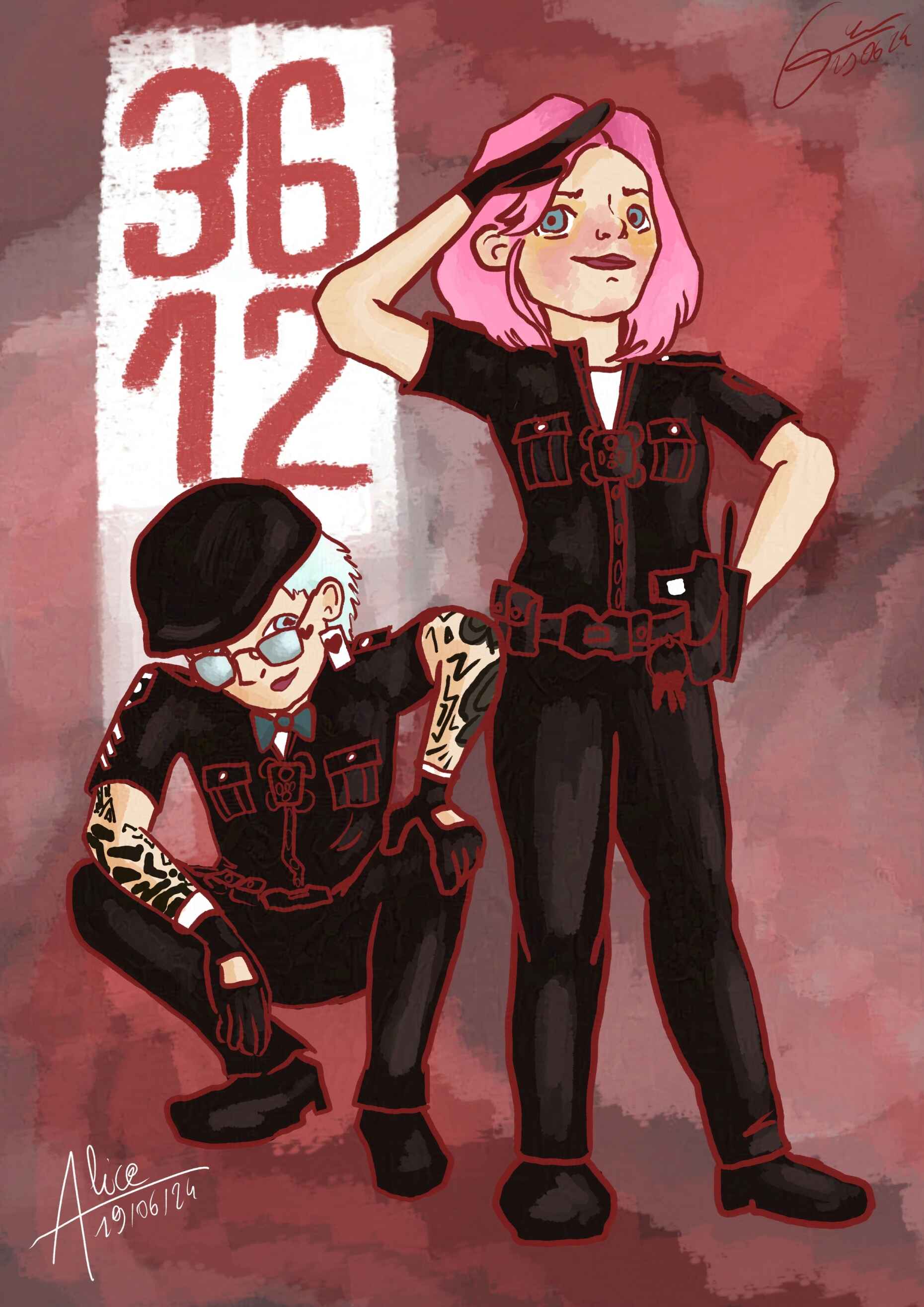 Illustration d'Alice et d'Ori son collègue aux cheveux blancs posant fièrement avec leurs uniformes de police