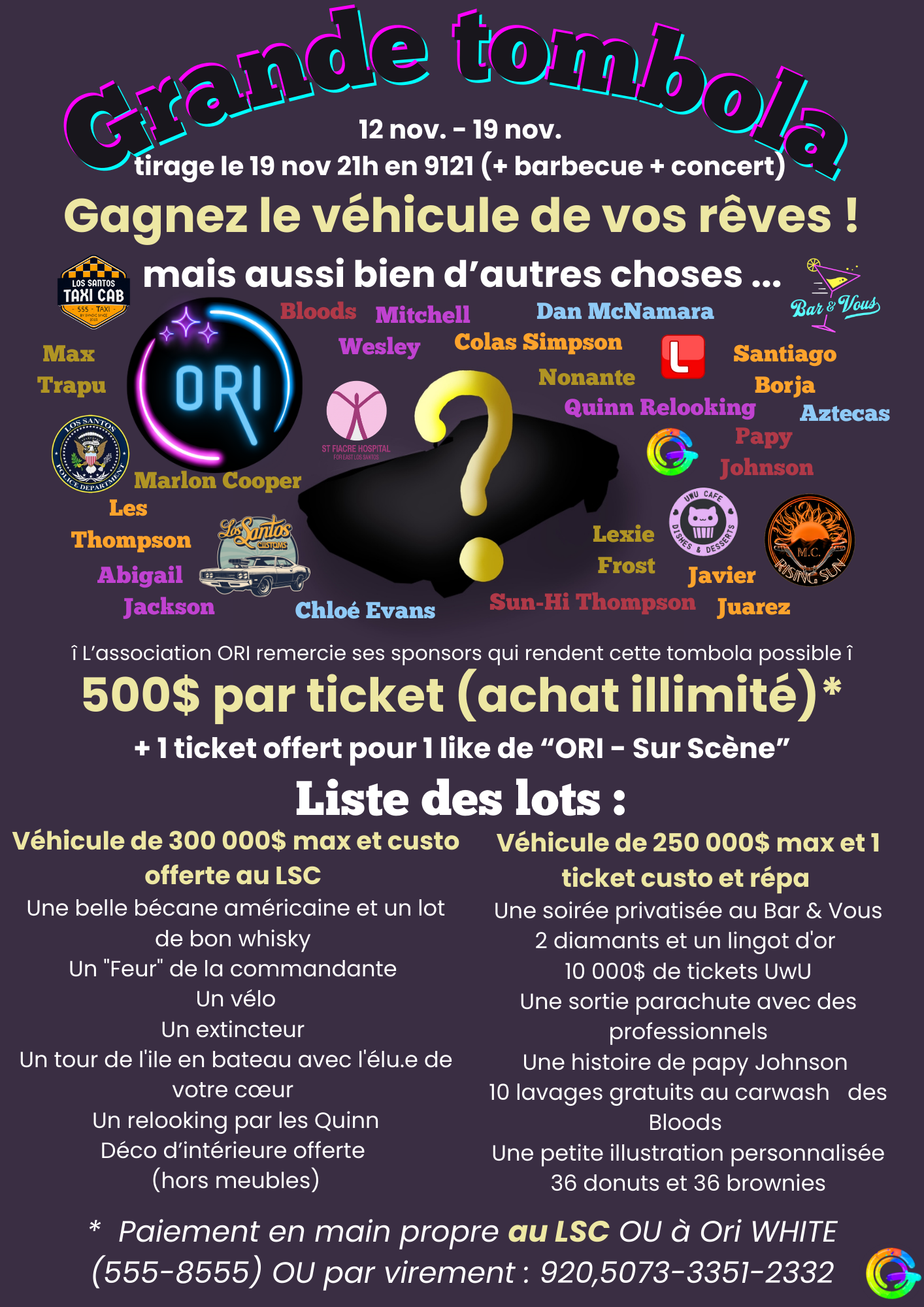 Affiche pour un évènement regroupant tombola, barbecue et concert. L'affiche décrit tous les lots à gagner ainsi que les sponsors qui les offrent.