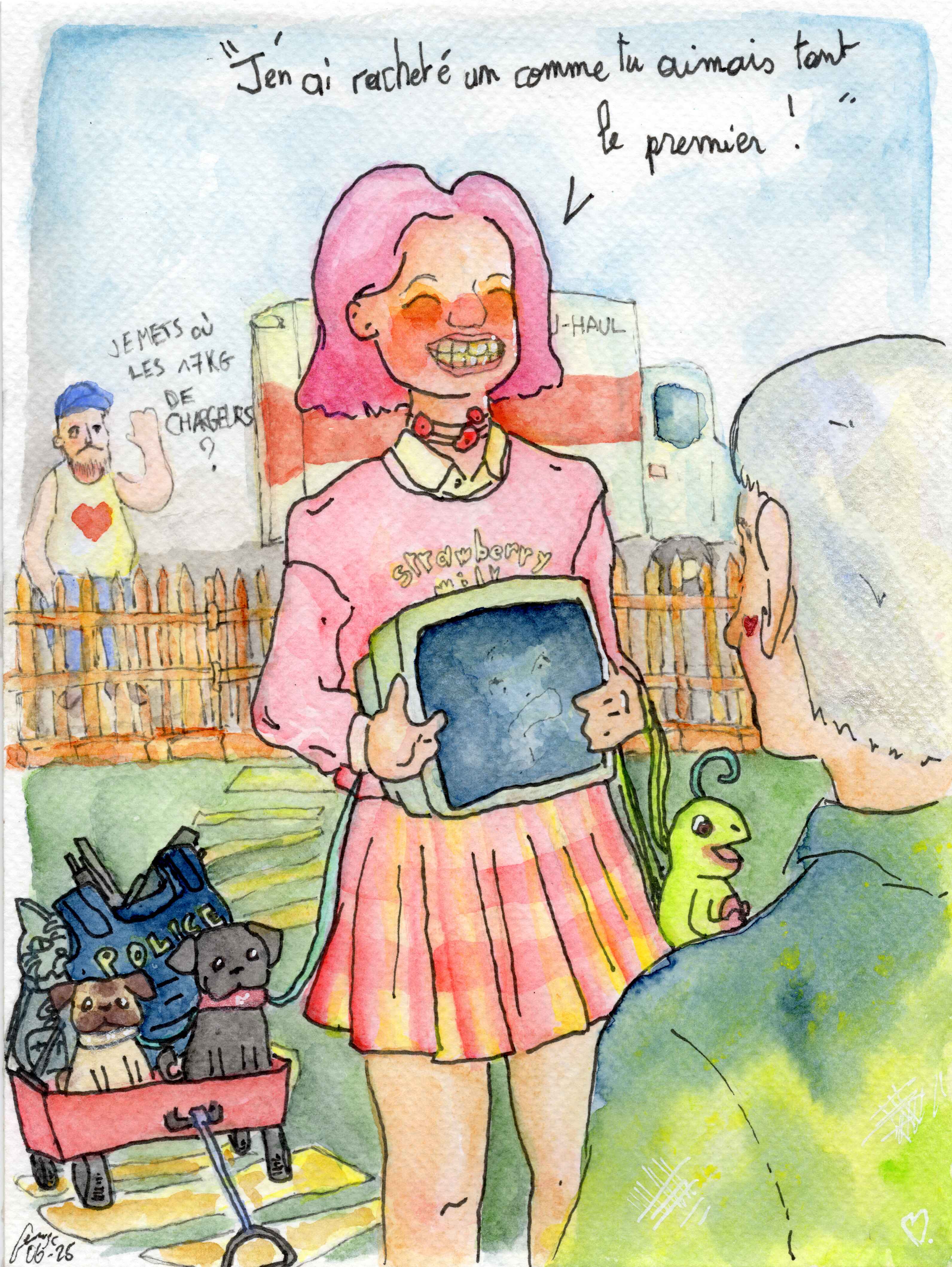 Illustration à l'aquarelle d'Alice dans sa tenue de bonbon rose qui se tient dans un jardin face à Ori avec un écran cathodique dans les mains. Elle sourit et dit "j'en ai racheté un comme tu aimais tant le premier !". Elle a Ernest le sac grenouille accroché à son bras et elle traîne un chariot avec ses chiens, le sac à dos chat, une arme à feu et un gilet pare-balles inscrit Police. En arrière-plan le chauffeur du camion U-Haul demande "Je mets où les 17kg de chargeurs ?"
