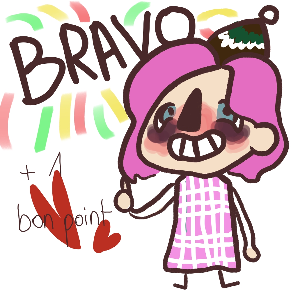 Dessin numérique style cartoon d'Alice contente avec du maquillage violet foncé sous les yeux qui dit "BRAVO" avec un feu d'artifice. Il est marqué "+1 bon point" par dessus des coeurs