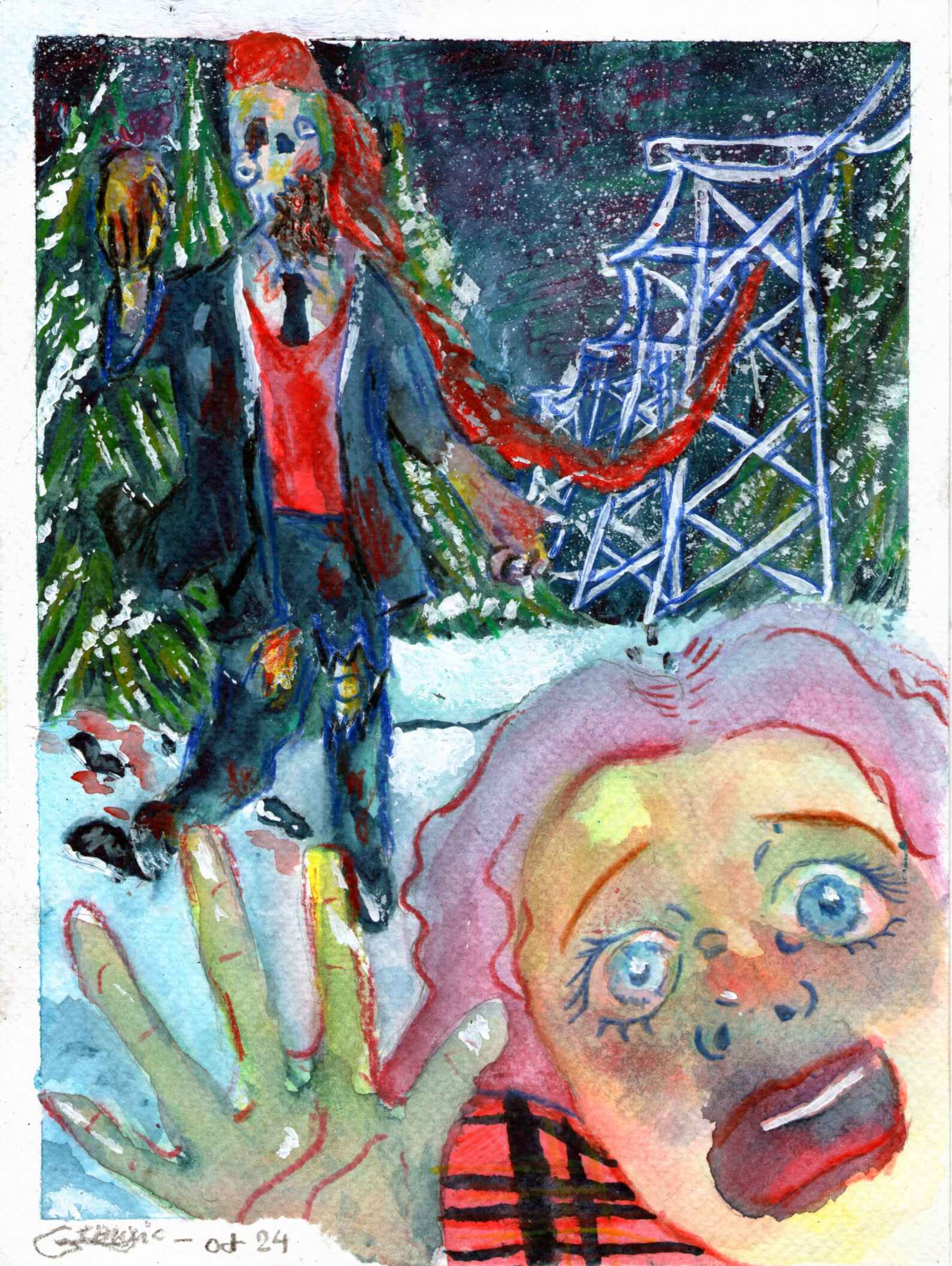 Illustration à l'aquarelle d'Alice au premier plan terrifiée se faisant poursuivre au second plan d'un zombie avec une longue tresse rouge. Dans le fond il y a des sapins et des câbles de téléphérique