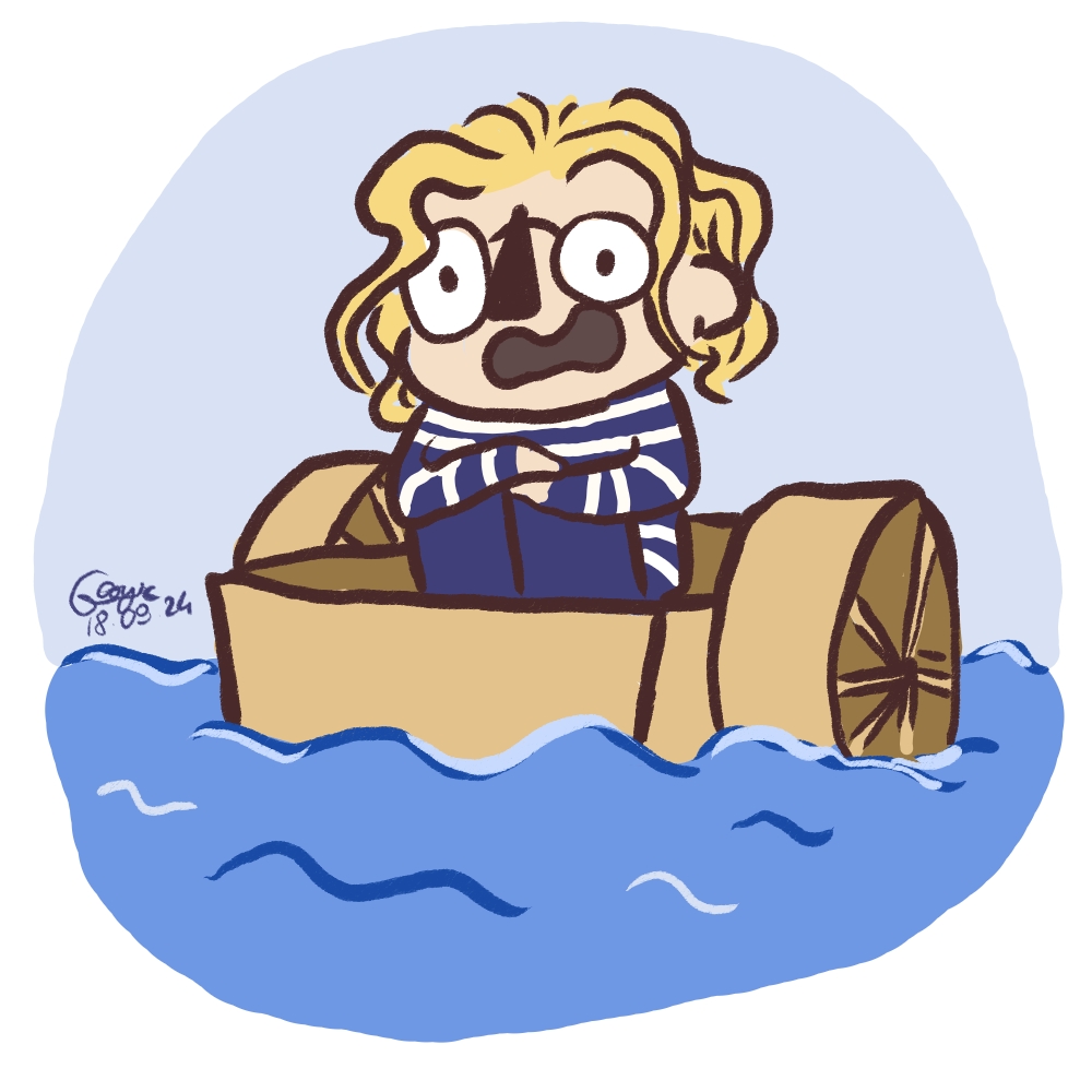 Dessin style cartoon de Colas dans une barque à roulettes en pleine mer