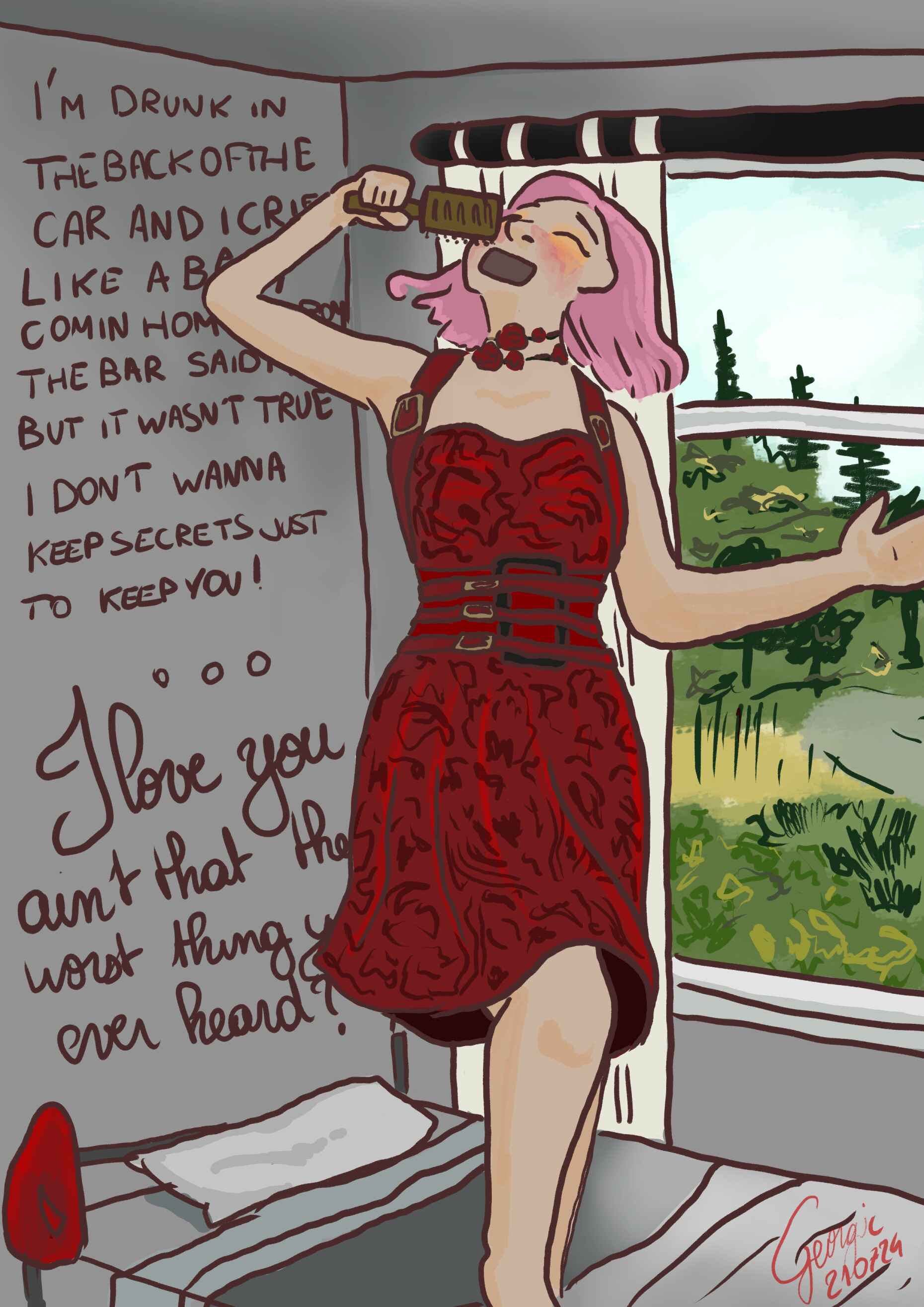 Dessin numérique d'Alice Clover en robe rouge à fleurs dans sa chambre en train de chanter sur son lit avec une brosse à cheveux comme micro le pont de Cruel Summer par Taylor Swift. Elle porte sa tenue avec laquelle elle est allée au Eras Tour