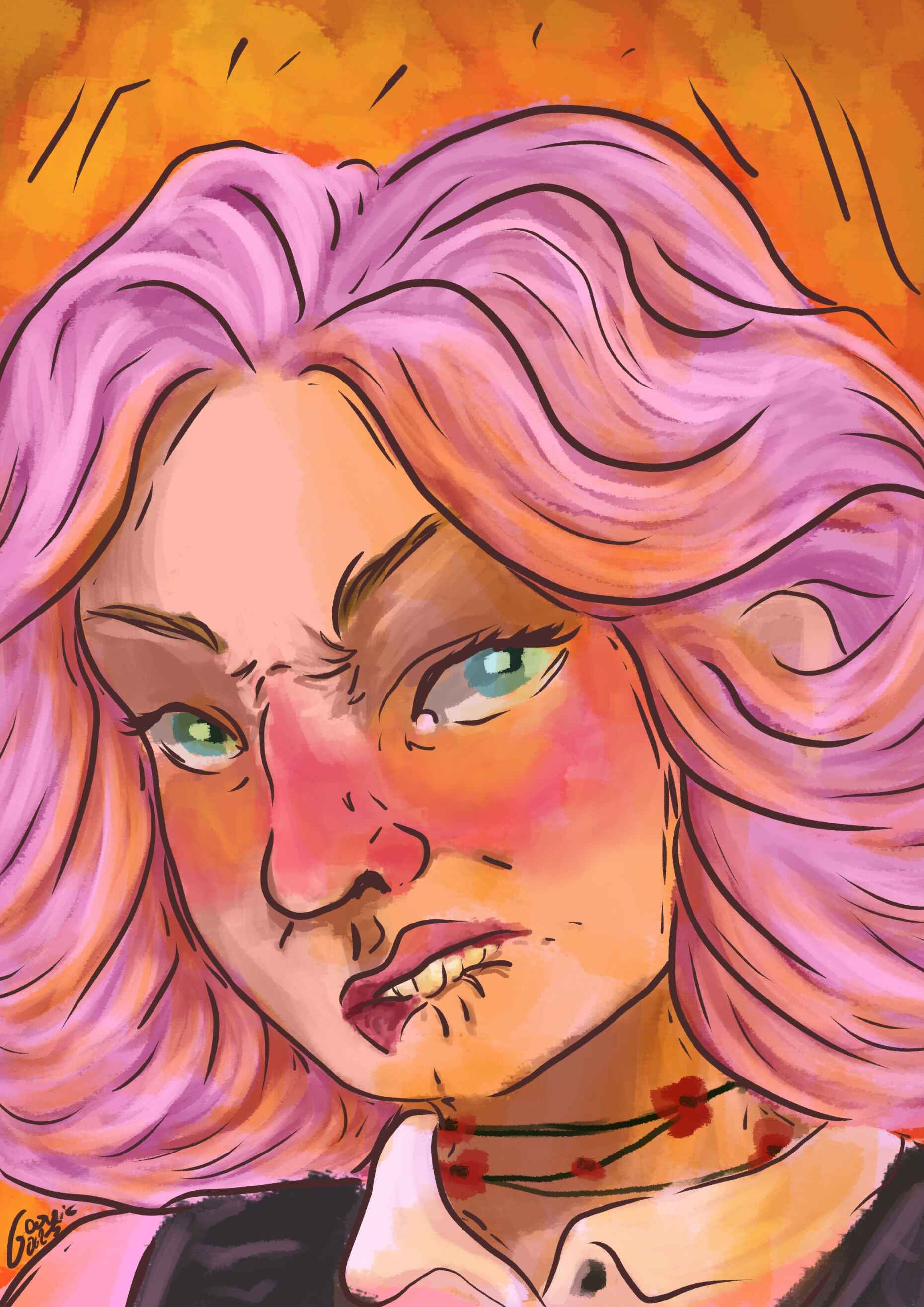 Dessin numérique d'Alice énervée dans sa tenue de bonbon rose. L'environnement a l'air d'être en feu. Ses traits sont marqués