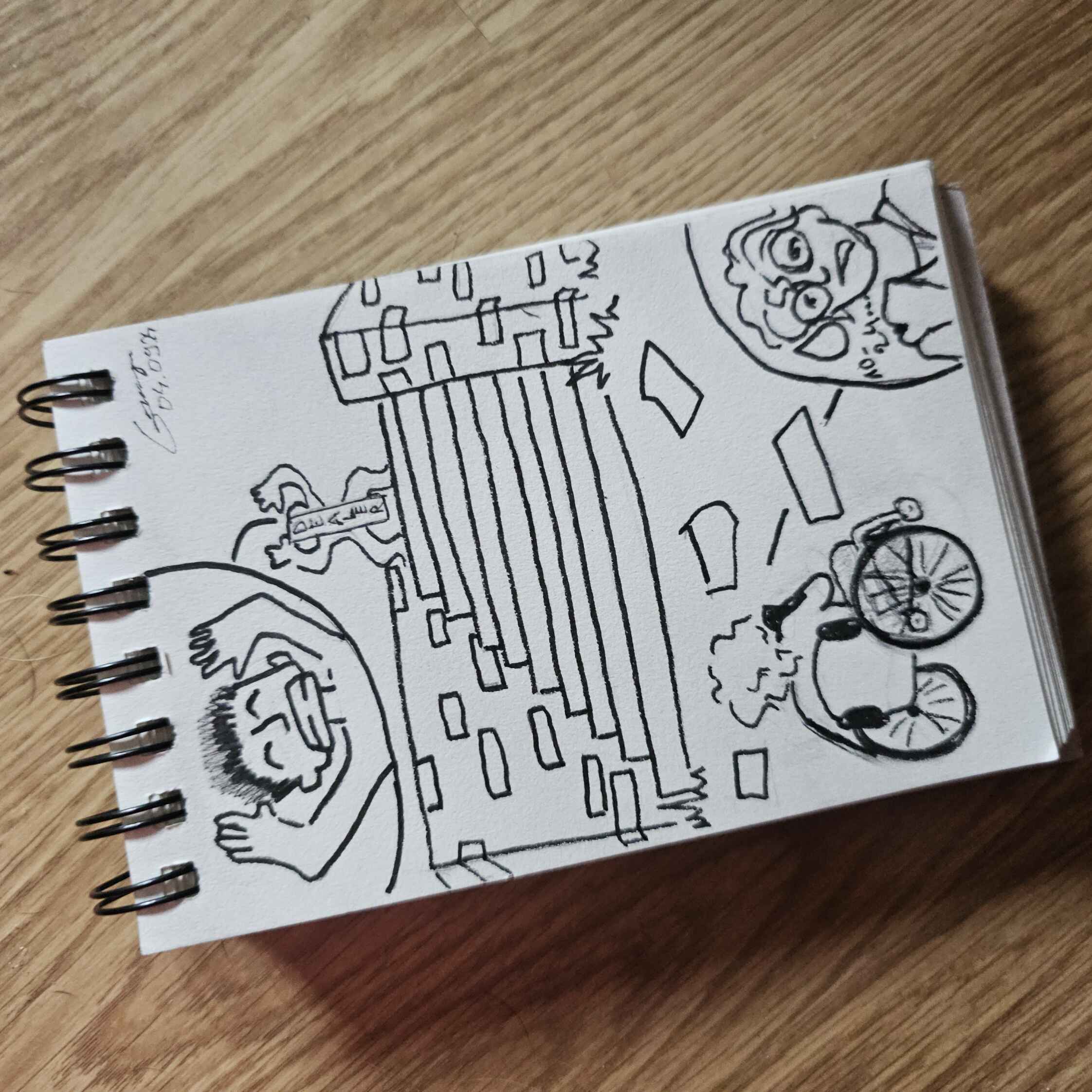 Dessin dans un carnet de croquis au feutre noir de Colas en fauteuil roulant en bas des escaliers face à un dealer en haut des escaliers qui le charrie. Colas appelle des renforts avec le code "10-24"