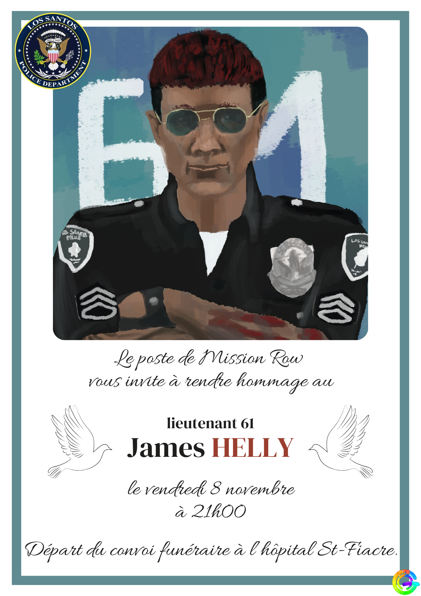 Affiche avec un portrait de James Helly sur lesquelles sont indiquées les modalités de son enterrement.