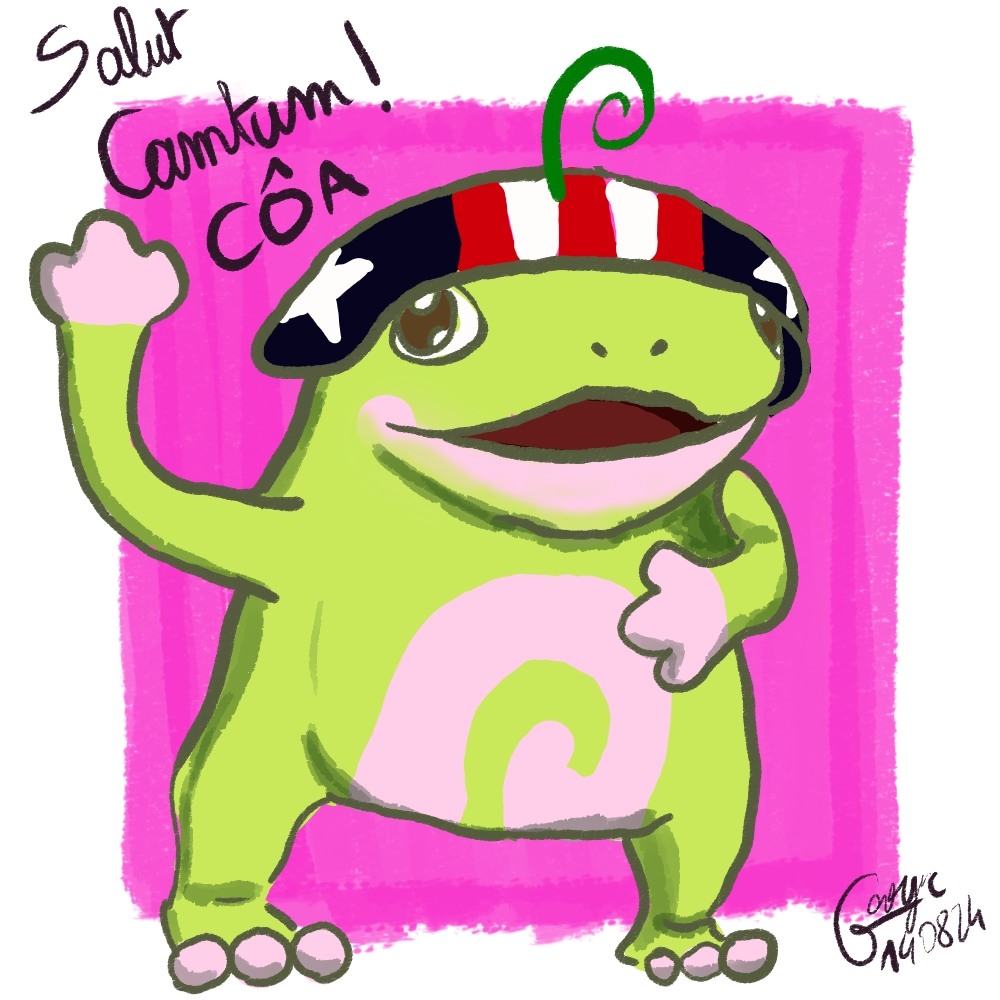 Dessin du sac à dos Ernest d'Alice avec un casque patriotique des Etats-Unis qui salue en disant "Salut Camtum ! CÔA"