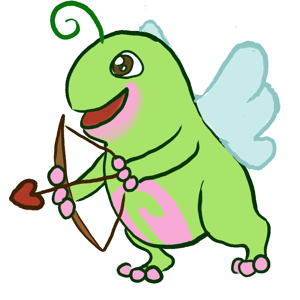 Gif d'une grenouille (Ernest) avec des ailes et un arc avec des flèches en forme de cœur