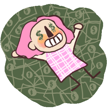Gif animé d'Alice se roulant dans des billets de dollars