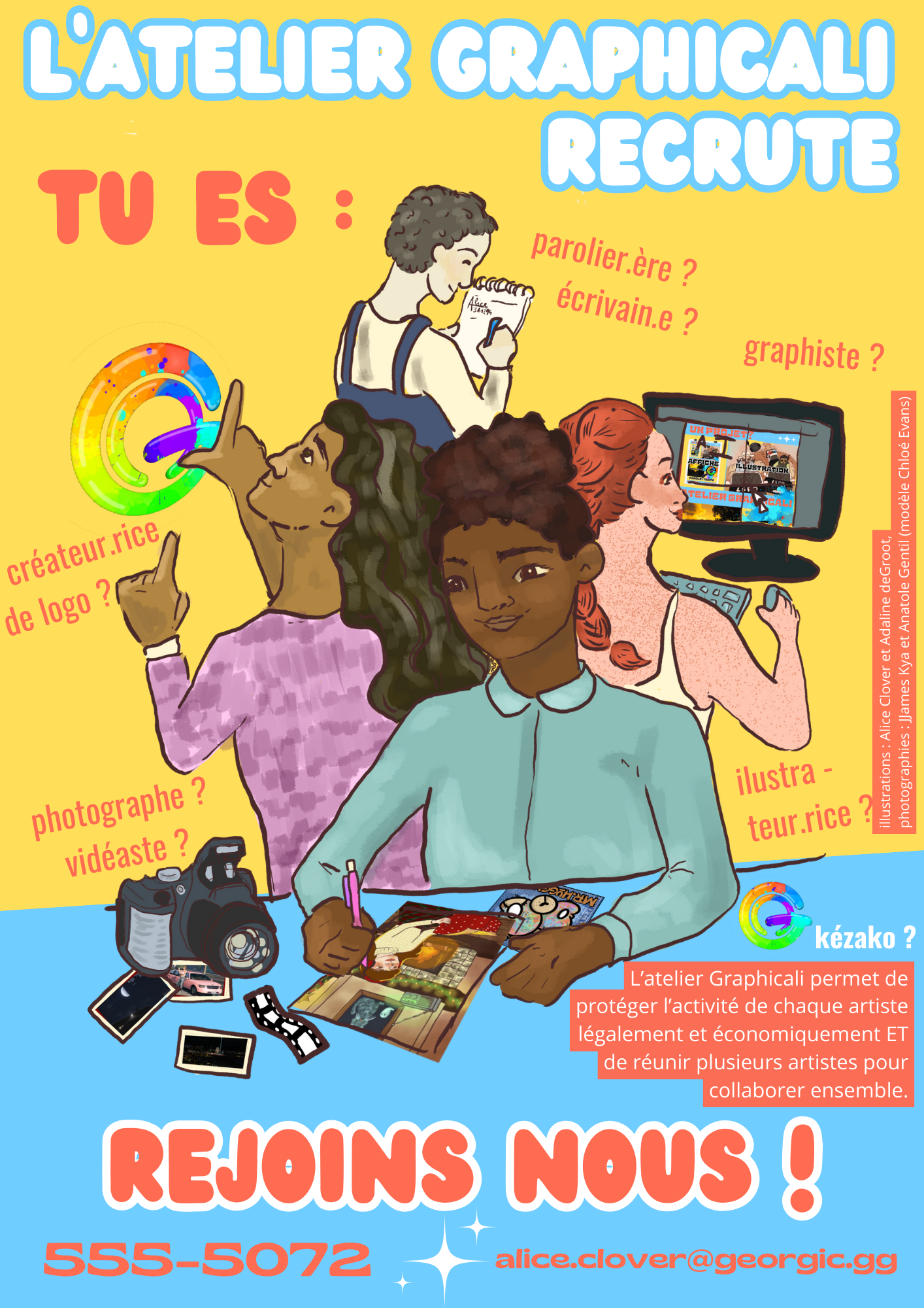 Affiche avec un dessin de 4 femmes faisant une activité créative. Une écrit, une est sur l'ordinateur, une interagit avec un logo, une dessine. Il est écrit "L'atelier Graphicali permet de protéger l'activité de chaque artiste légalement et économiquement ET de réunir plusieurs artistes pour collaborer ensemble / Rejoins nous !"