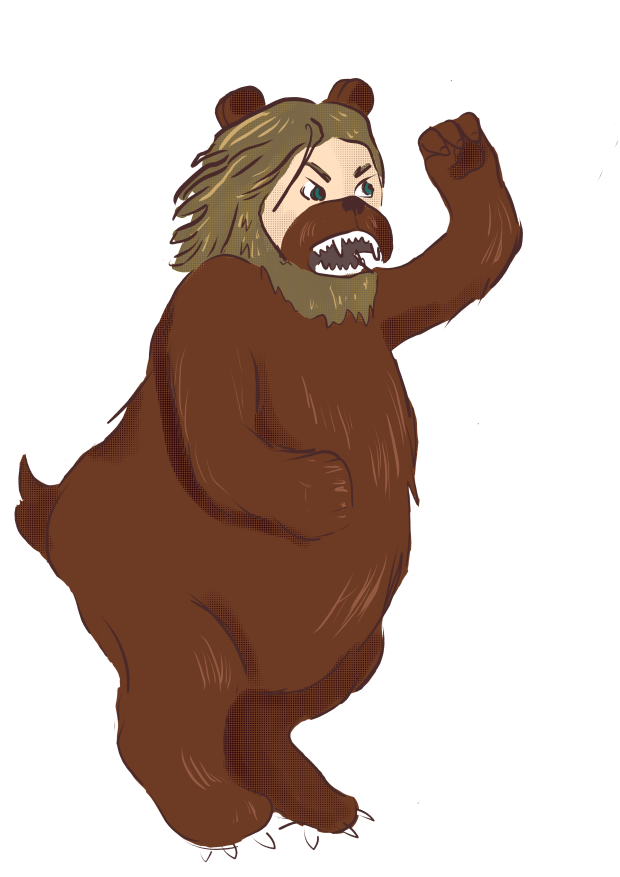 Dessin d'un grizzly avec une tête d'humain aux cheveux longs et la barbe blonds