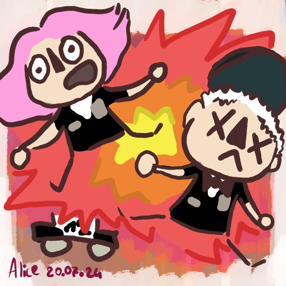 Dessin style cartoon d'Alice et Ori dans une explosion de voiture de police. Ori a les yeux fermés alors qu'Alice est en panique