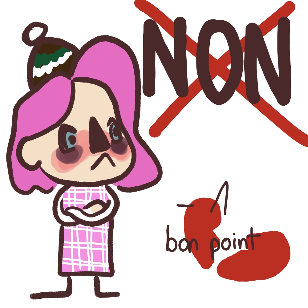 Dessin numérique style cartoon d'Alice fâchée avec du maquillage violet foncé sous les yeux qui dit "NON". Il est marqué "moins 1 bon point" par dessus un coeur brisé