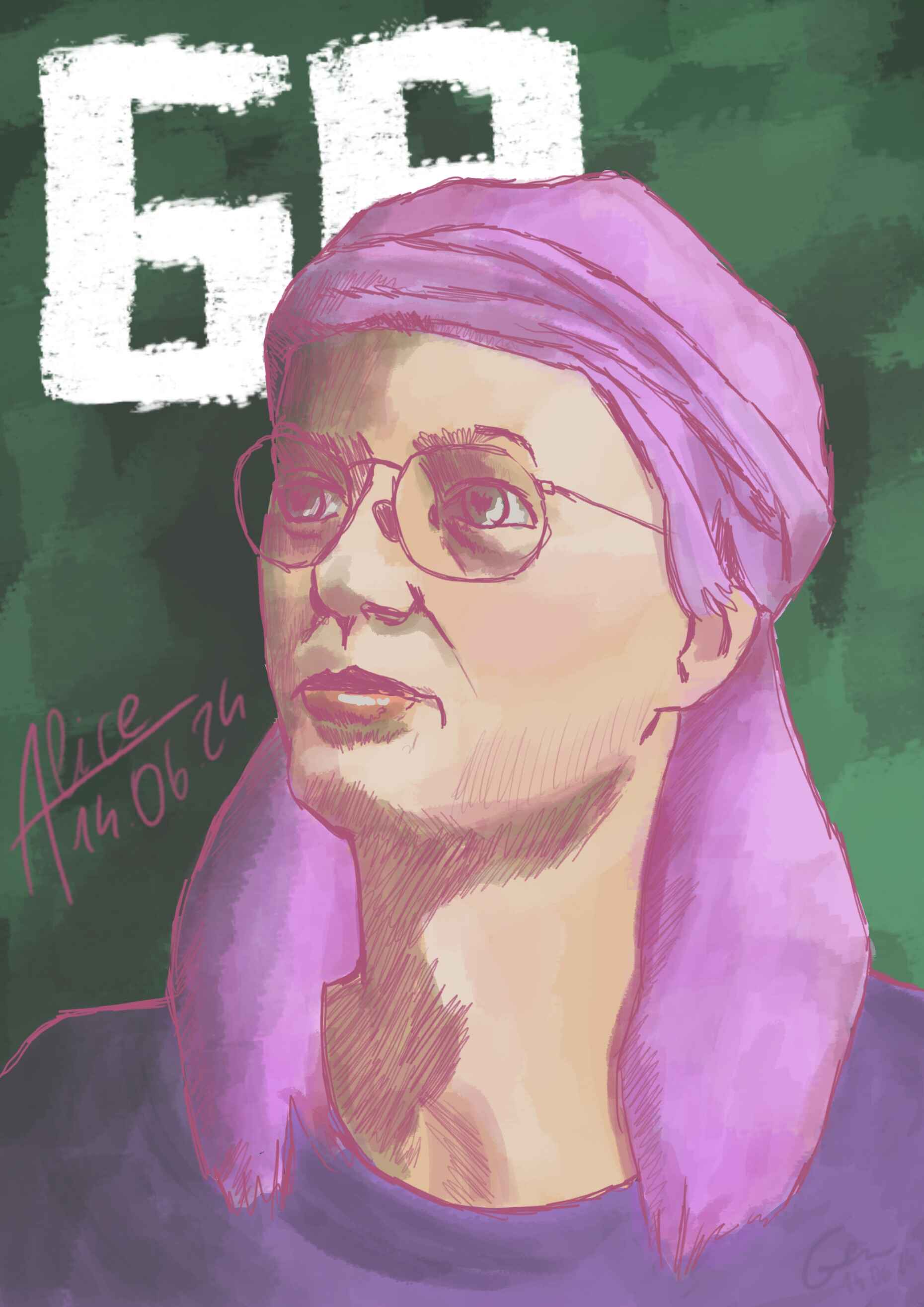 Portrait peint numériquement de Colas Simpson les cheveux longs et rose avec des lunettes
