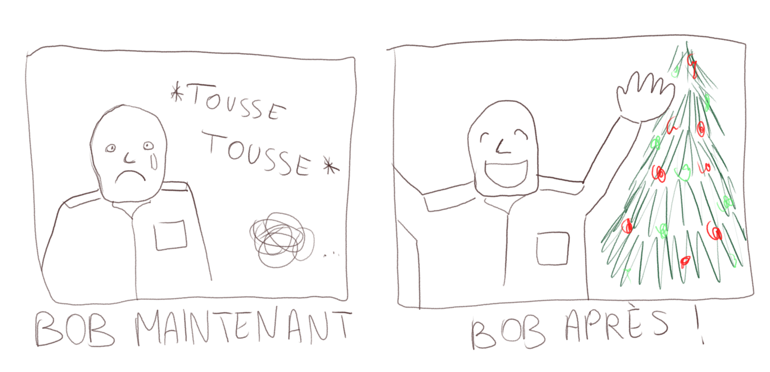 Dessin simpliste en deux cases : dans la première un homme en uniforme tousse et pleure avec un mouton de poussière à côté, le dessin est légendé "Bob maintenant". La deuxième case montre le même homme levant les bras au ciel avec un grand sourire et un grand sapin de Noël décoré derrière lui. Le dessin est légendé "Bob après !"
