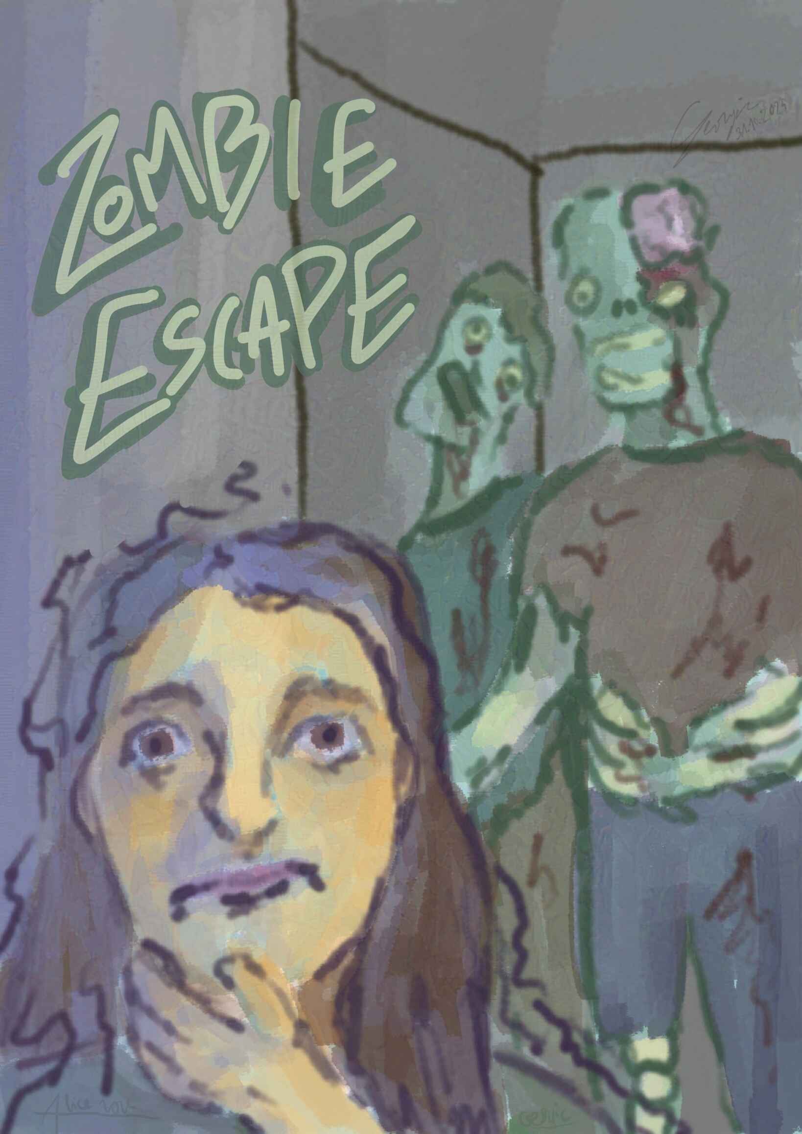 Dessin numérique d'une femme aux cheveux longs apeurée poursuivie par des zombies